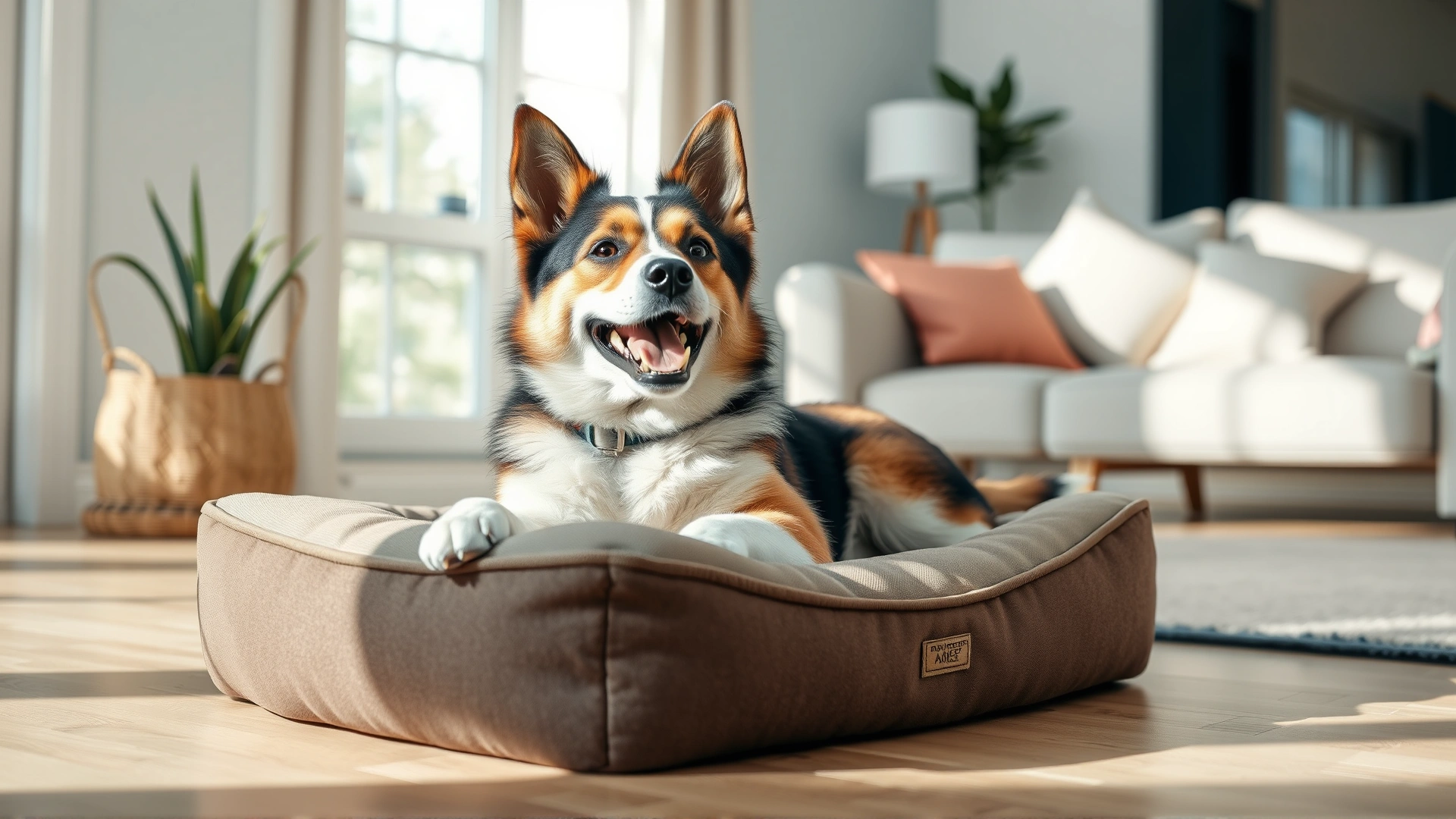 A joyful mid-size dog stretching out on an orthopedic dog bed in a sunlit living room