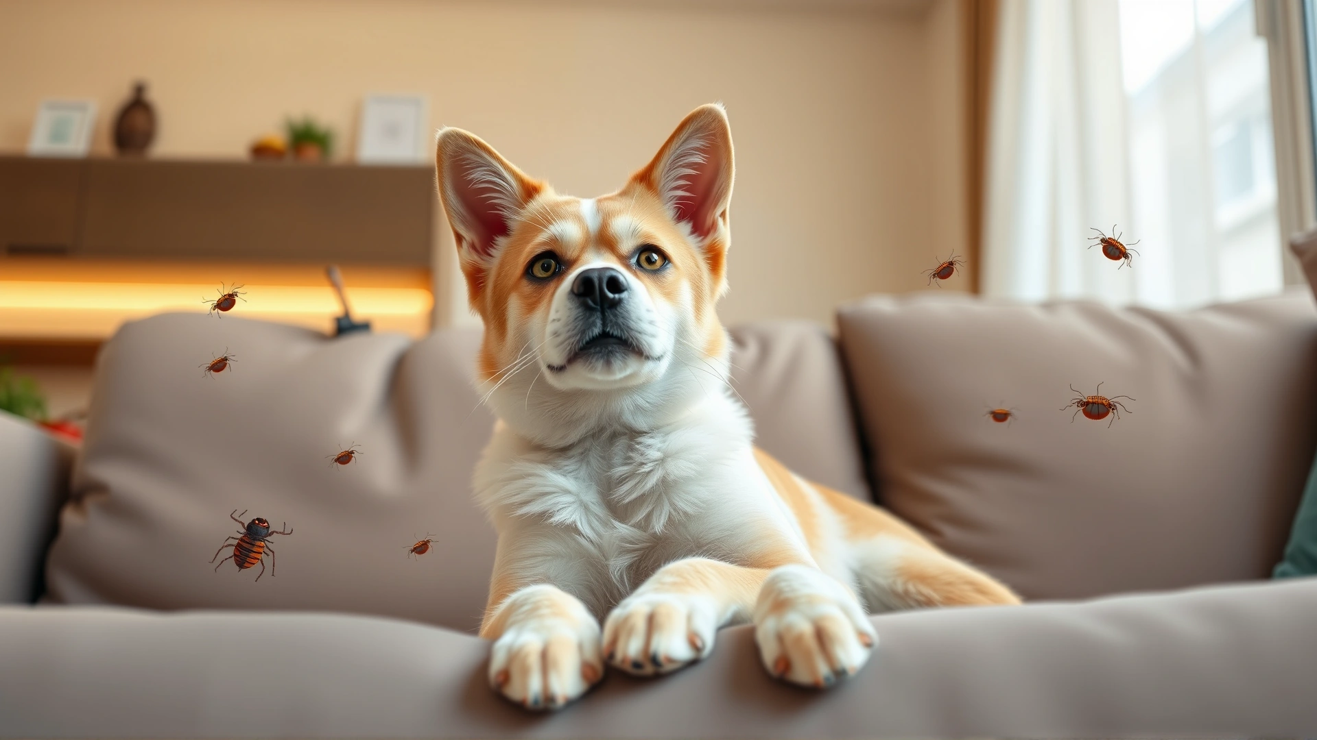 Calm domestic cat and dog sitting side by side on a couch while tiny cartoon-style fleas and ticks hover around them, bright living-room background, high-contrast, no text