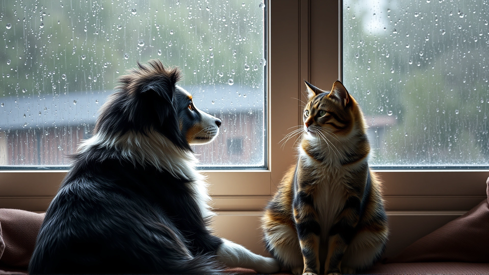 A Border Collie and a tabby cat sitting together by a rain-streaked window, staring outside pensively, soft natural lighting, cozy living-room setting