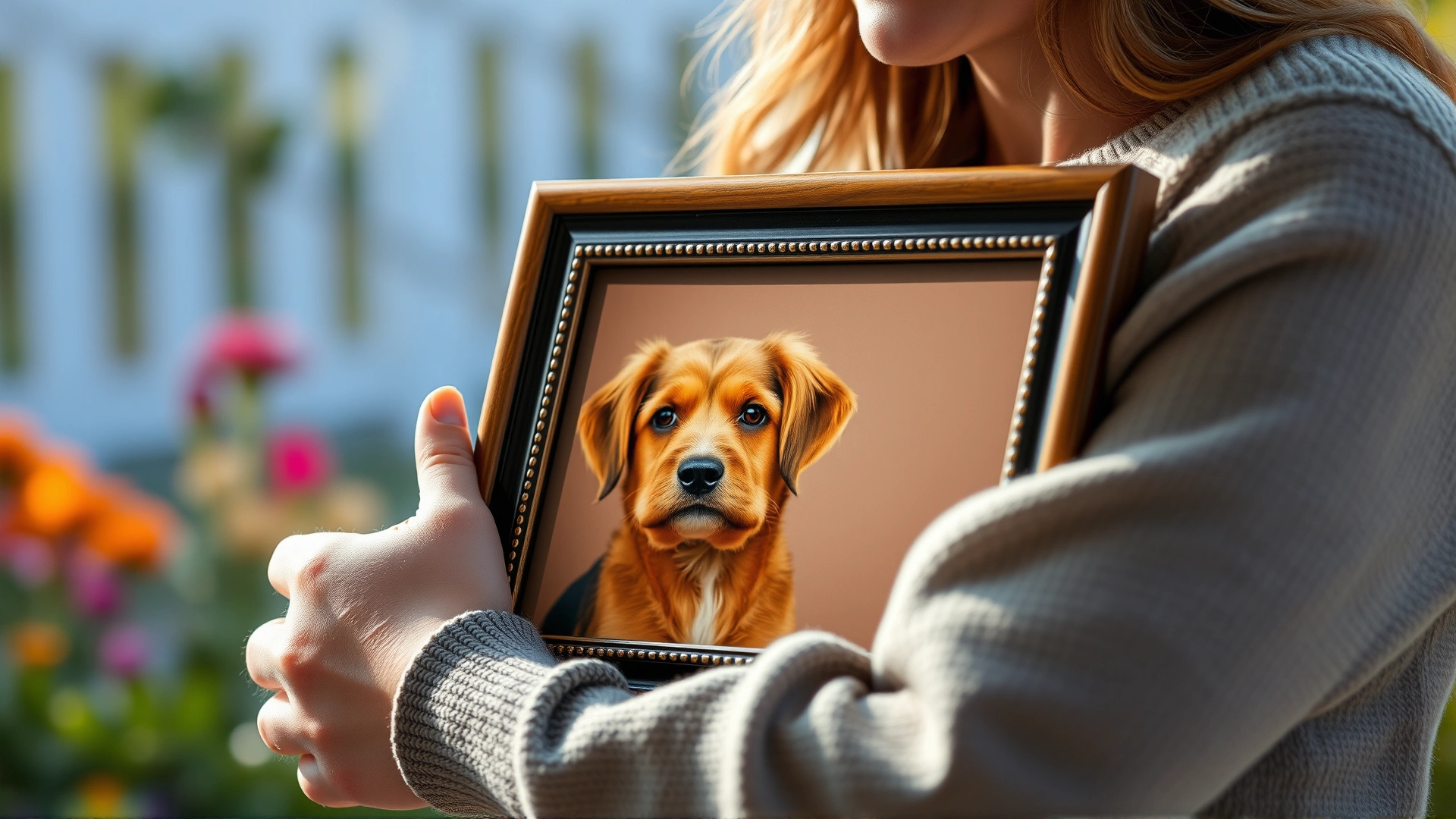 A warm, comforting photo of a woman holding a framed picture of her dog, with soft natural lighting and a blurred garden background.