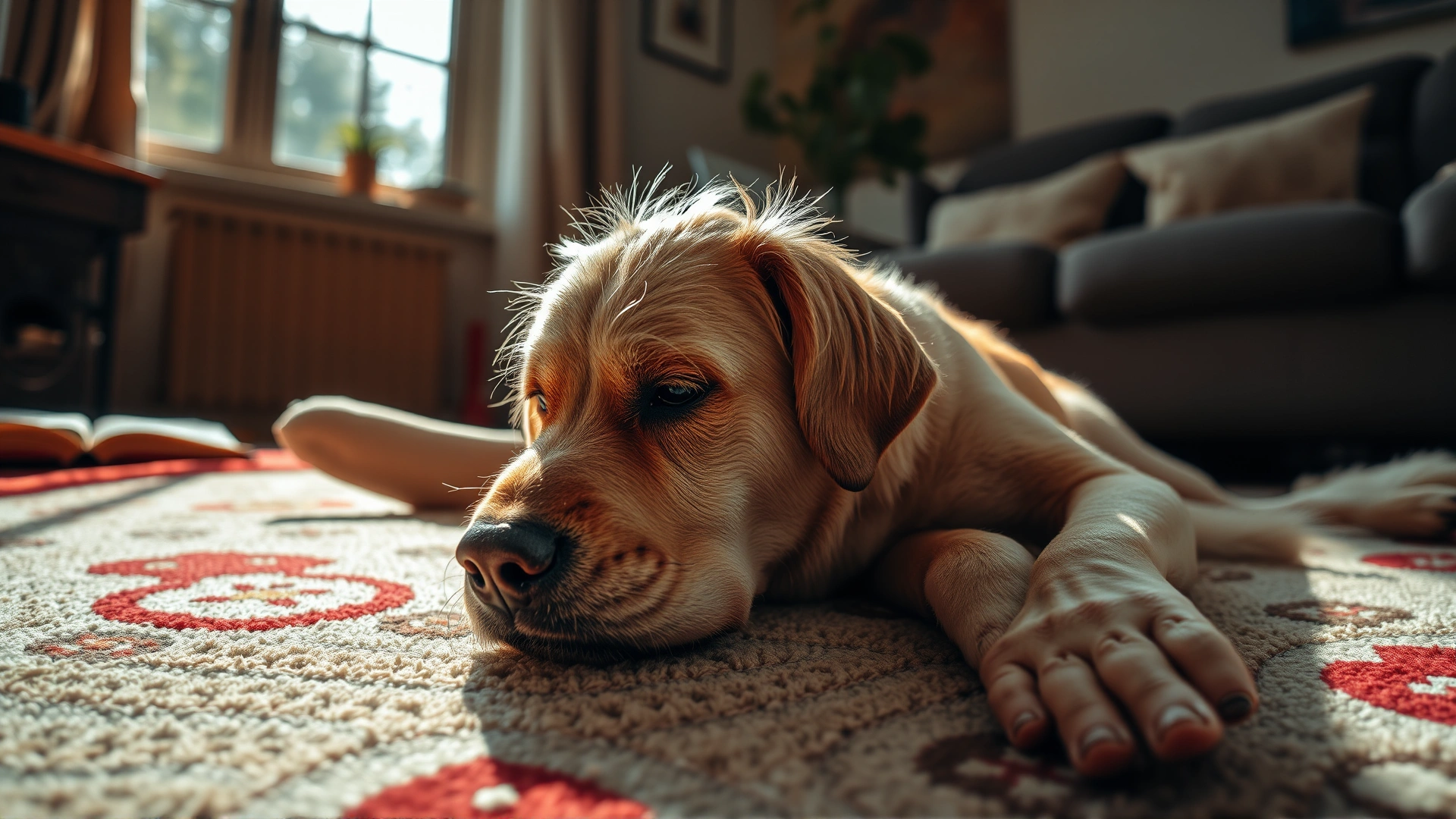 Wide-angle shot of an elderly dog laying on a living room rug while the owner gently pets it, afternoon sunlight streaming through a window, comforting and warm mood.