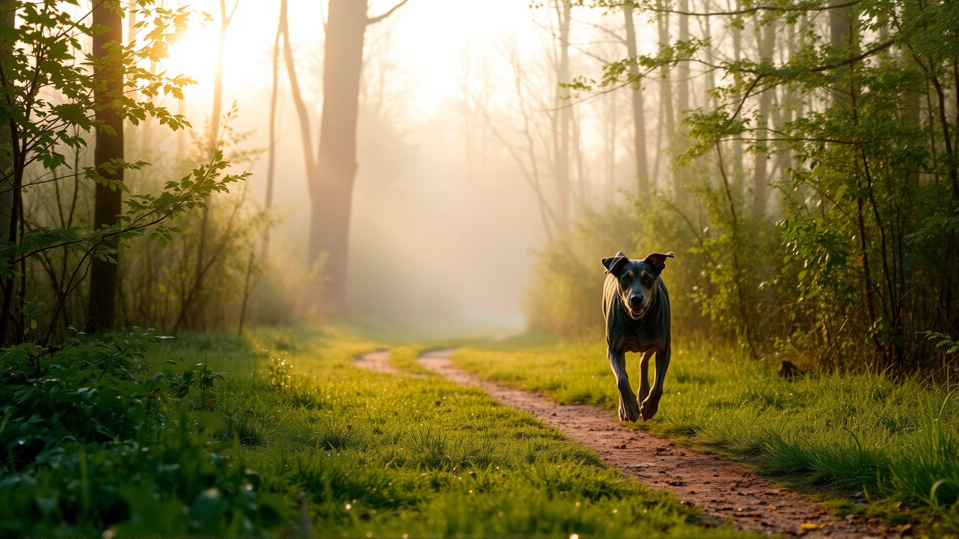 Wide panoramic shot of a Bluetick Coonhound running through a misty woodland trail at sunrise, ears flapping and dew on the grass – energetic and inspiring.