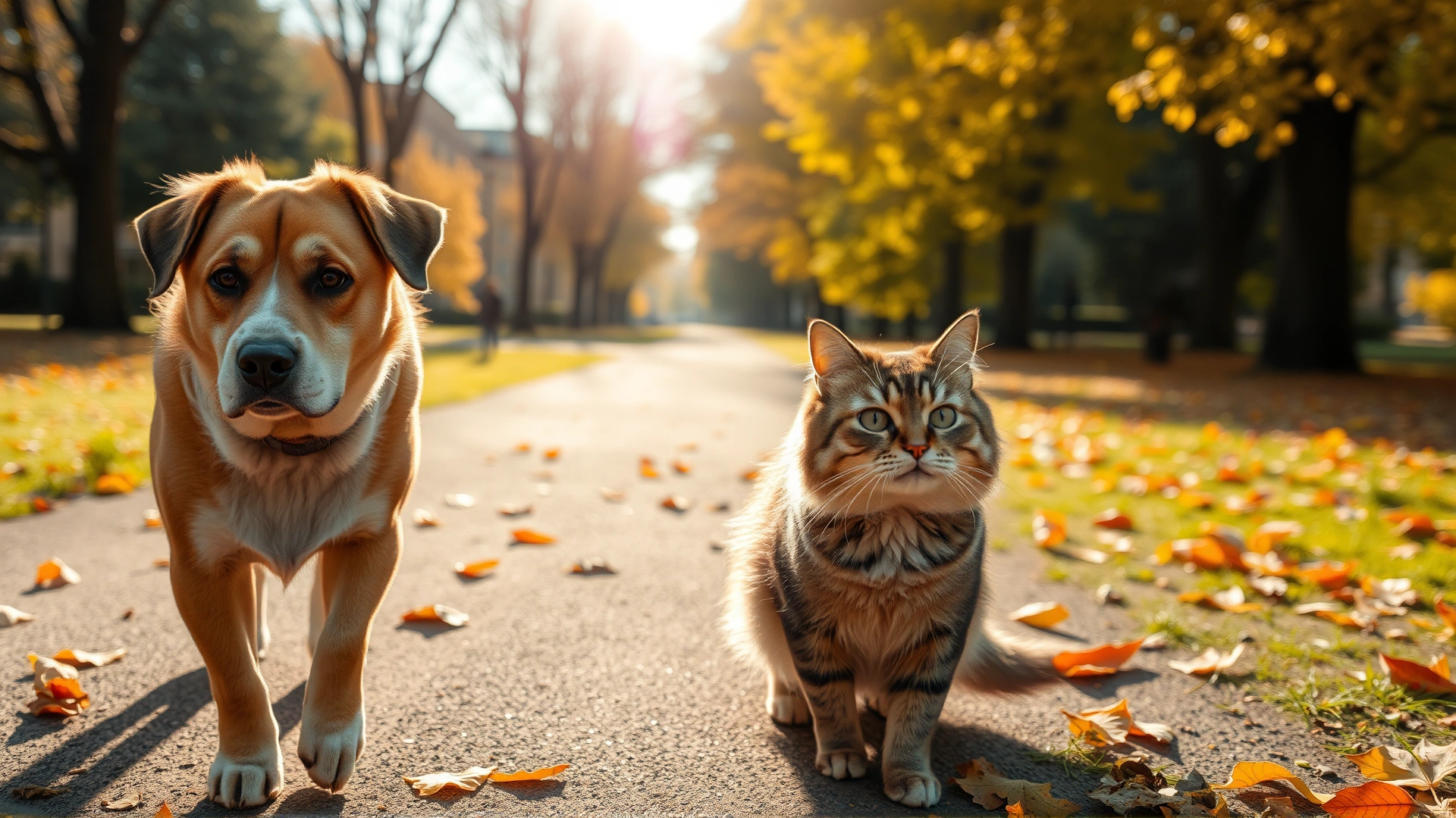 Wide-angle shot of a mature dog and cat walking side by side in a sunlit park during autumn, fallen leaves on the ground, warm golden tones