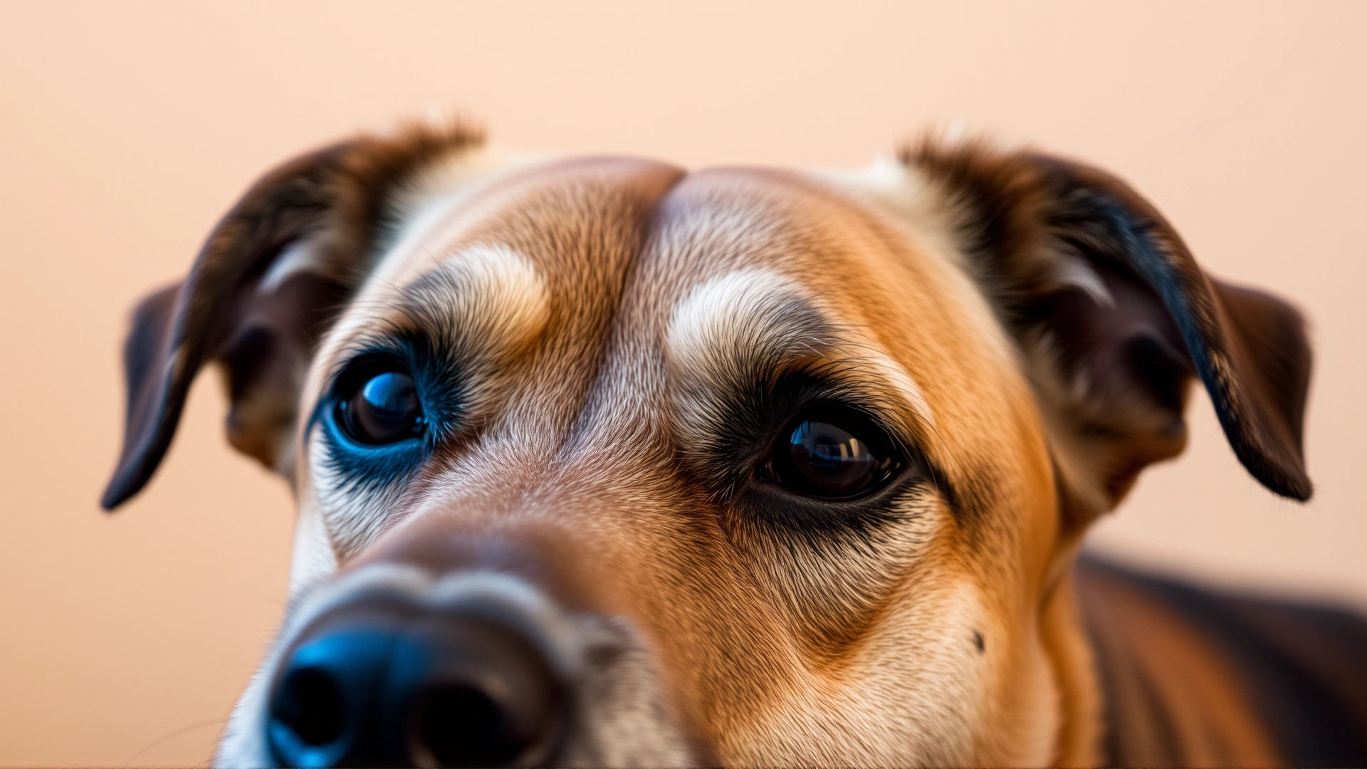 Soft-focus close-up of a senior dog’s face showing gray fur around the ears against a warm neutral background.