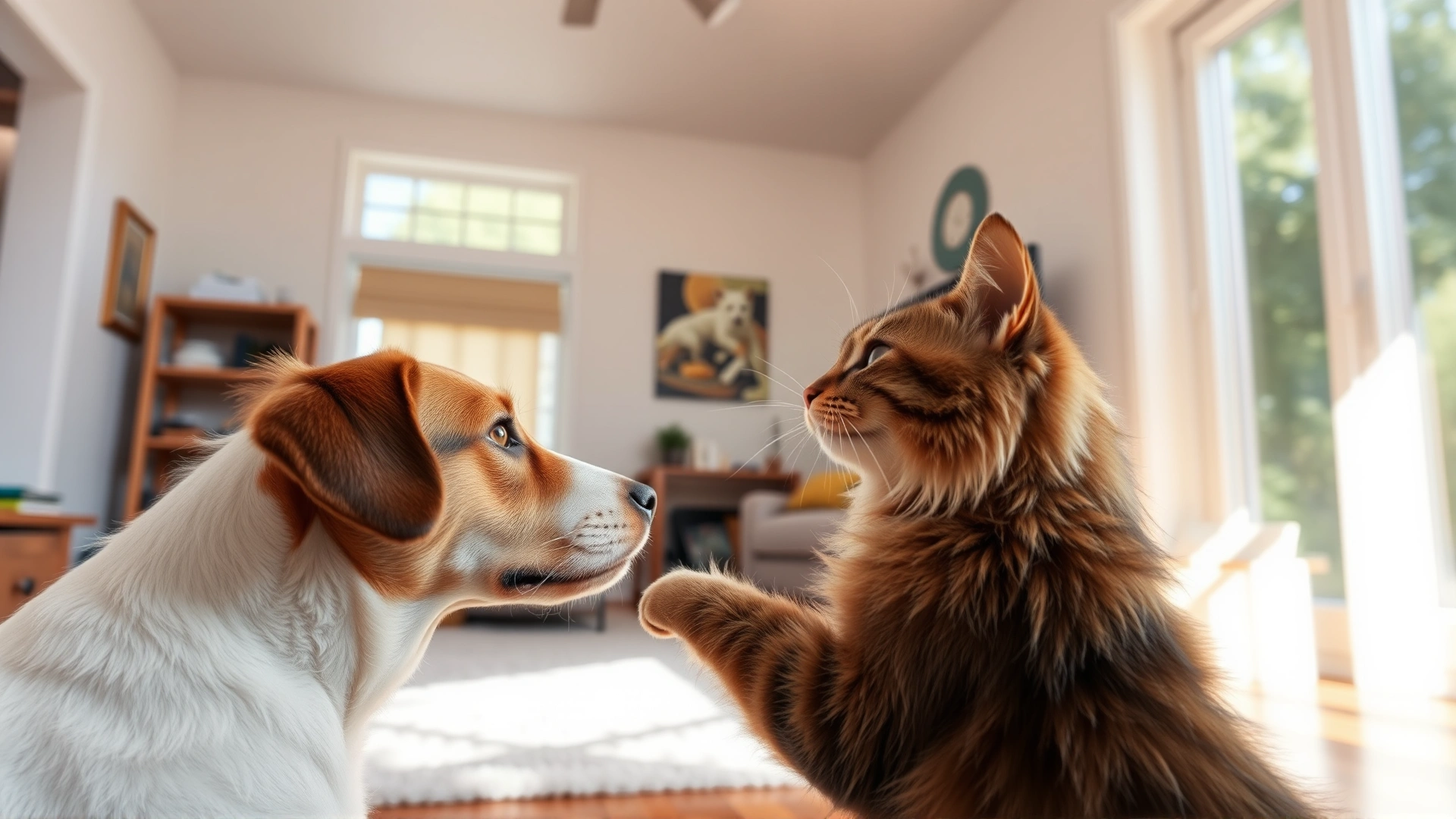 Wide shot of a dog and a cat facing each other playfully in a bright living room, sunlight streaming through a window.