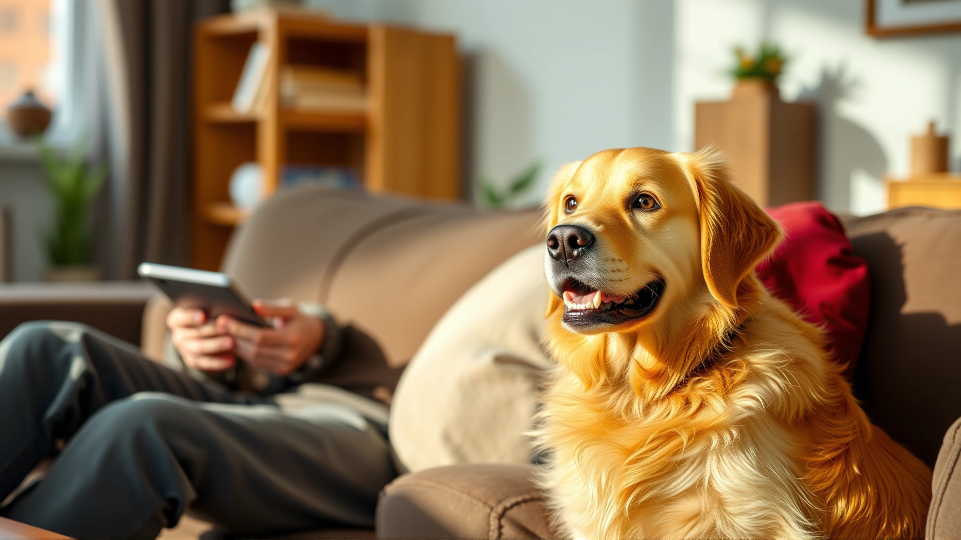 Happy yet slightly concerned golden retriever sitting beside its owner on sofa, owner listening attentively, warm living room setting, daytime natural light