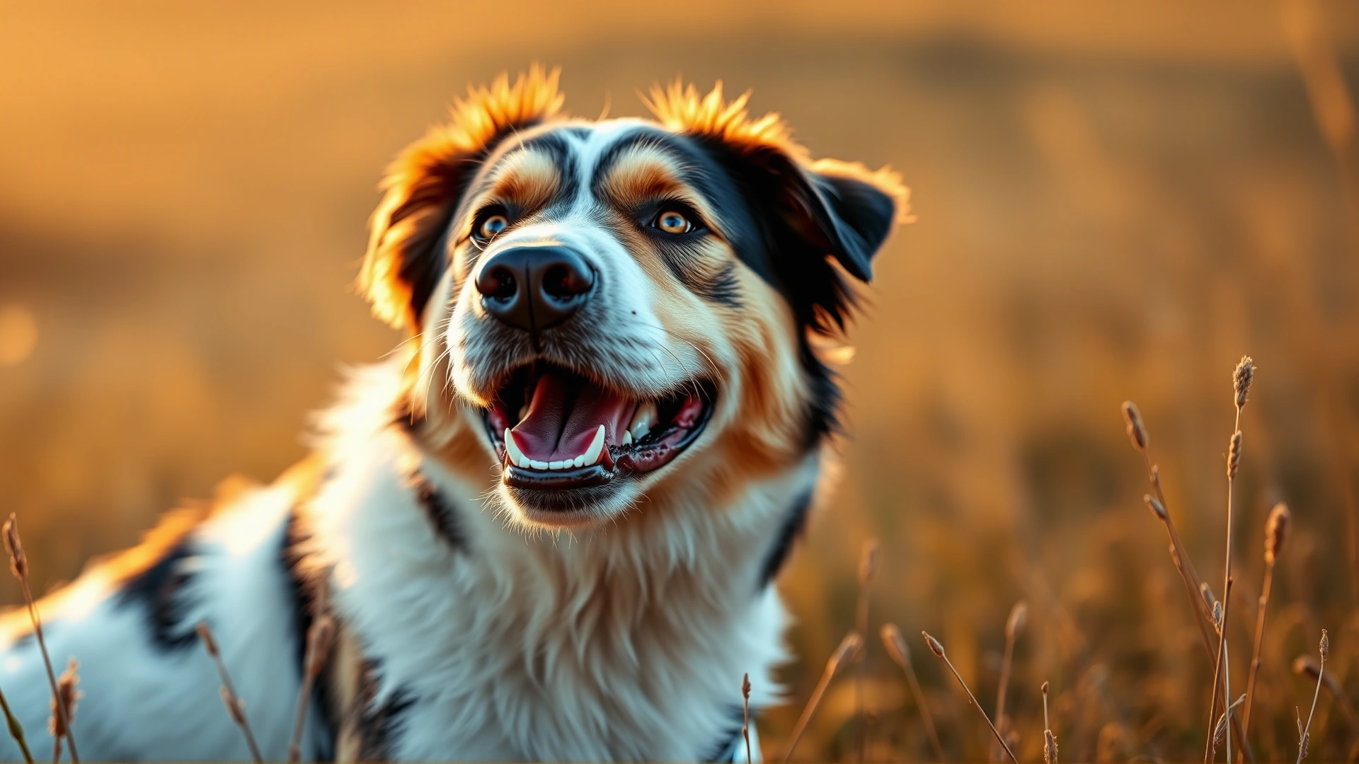 Close-up of a happy Border Aussie with heterochromatic eyes sitting in a meadow during golden hour, no text, depth-of-field bokeh background