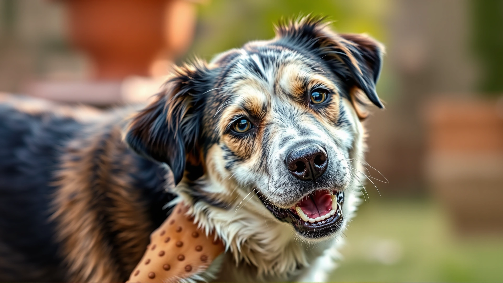 Friendly mixed-breed dog looking at the camera while gently scratching its side, with a soft-focus garden background; bright and inviting lifestyle shot