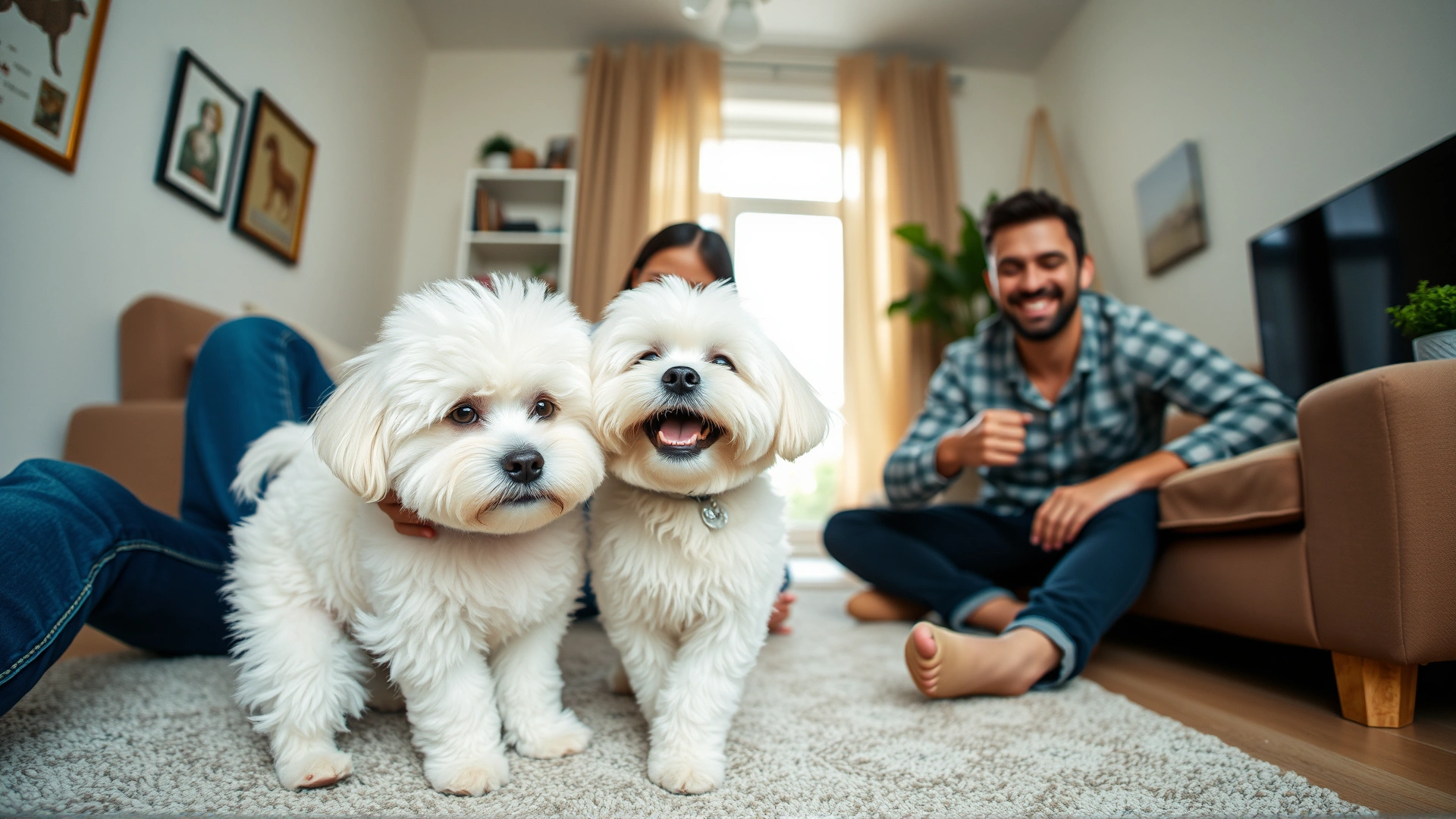 Wide angle shot of a happy family petting a Bichon Frise in a clean, well-lit living room, capturing the joyful vibe of living comfortably with a hypoallergenic dog.