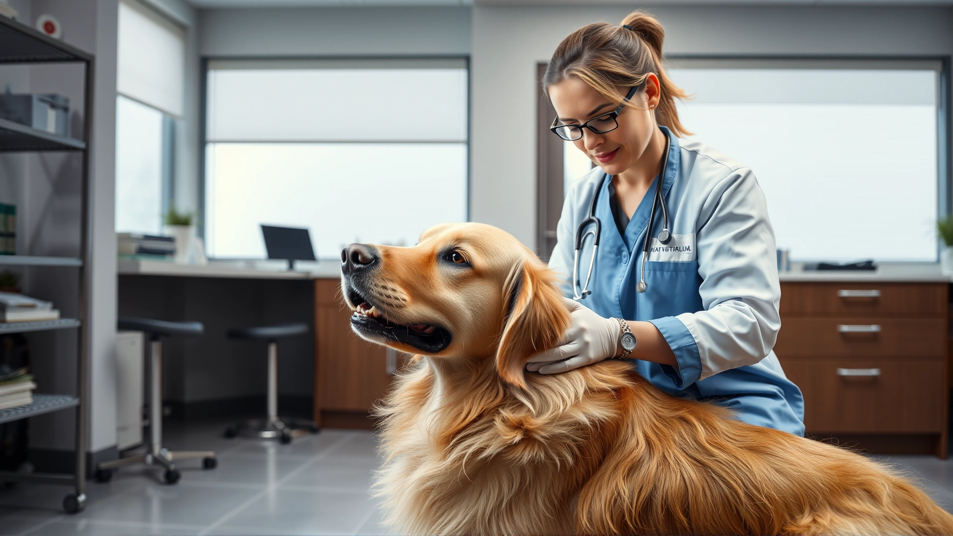 Wide-angle shot of a veterinarian gently examining a relaxed golden retriever in a modern clinic, soft lighting, reassuring atmosphere