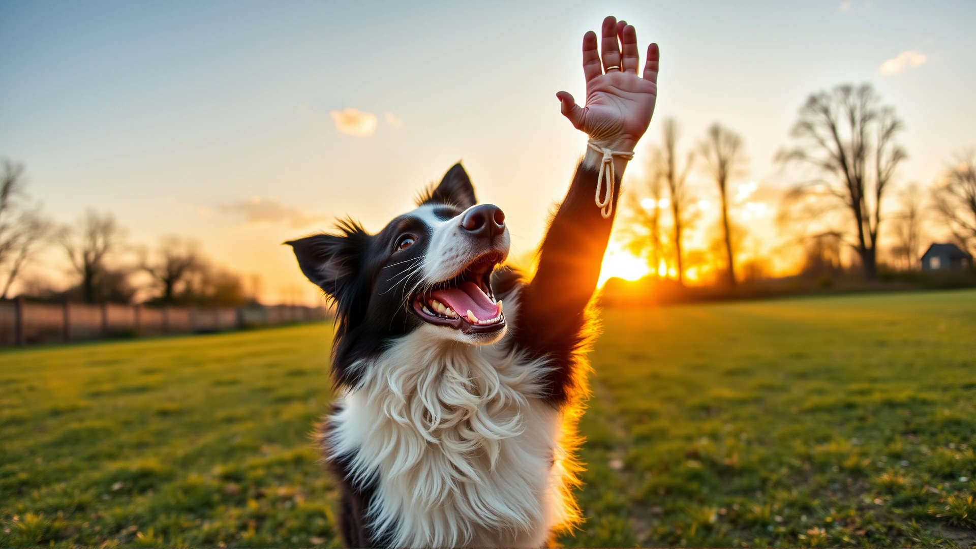 Border Collie joyfully high-fiving its owner during an outdoor training session at sunset, wide angle, warm tones