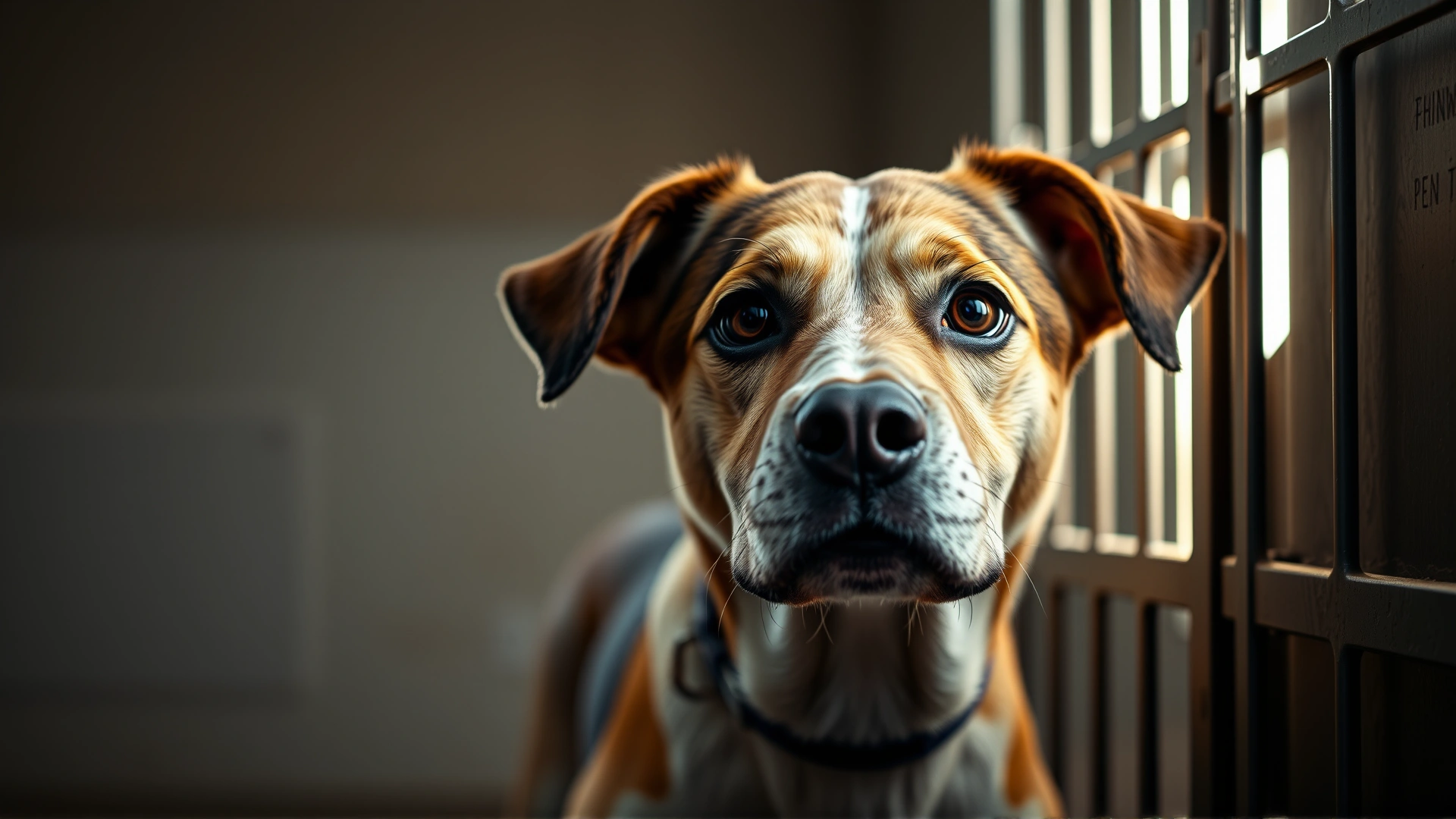 A hopeful dog looking out from a shelter kennel door with soft natural light highlighting its face, symbolizing new beginnings