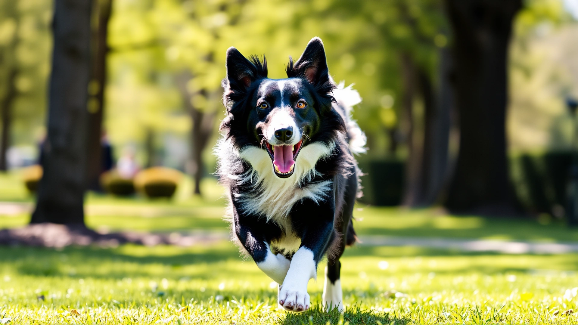 A cheerful high-energy Border Collie running toward the camera in a green park, motion blur on legs, bright sunlight