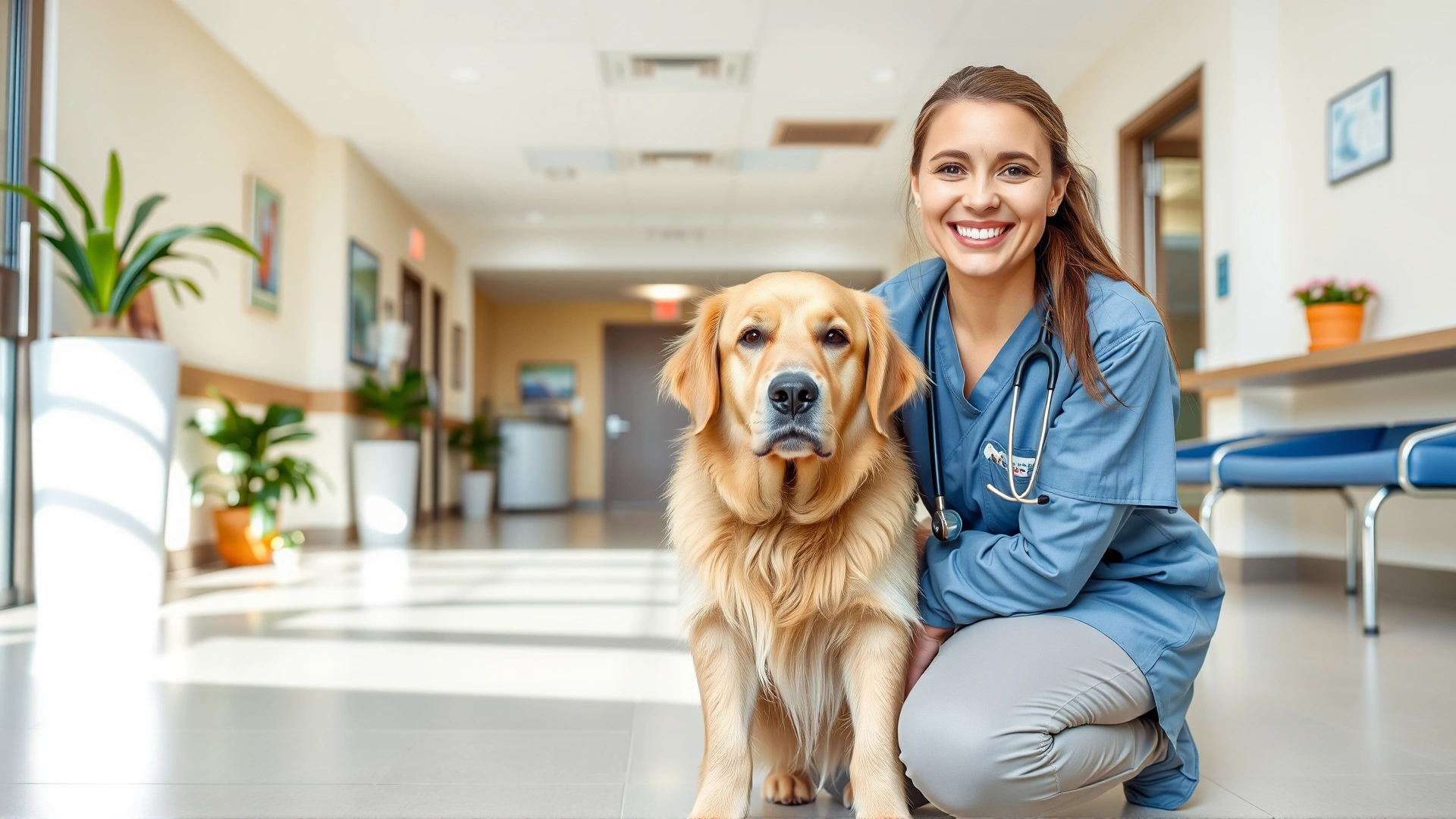 Wide-angle shot of a smiling veterinarian kneeling beside a calm golden retriever in a bright clinic lobby, both looking at the camera; welcoming atmosphere.