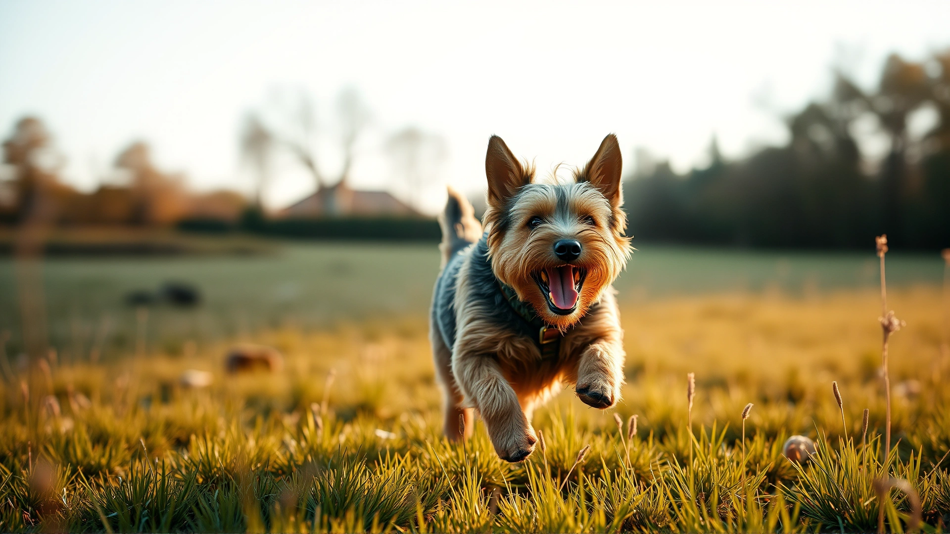 Wide-angle shot of a Border Terrier running joyfully across a meadow, motion blur in background, golden morning light