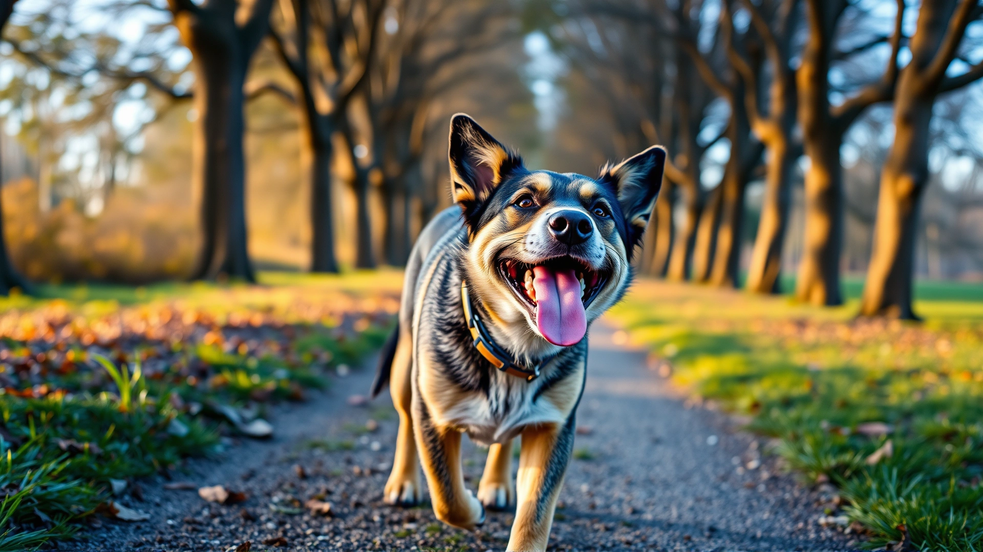 Wide-angle photo of a joyful mixed-breed dog leading its owner along a tree-lined path, nose to the ground, early morning light, vibrant colors