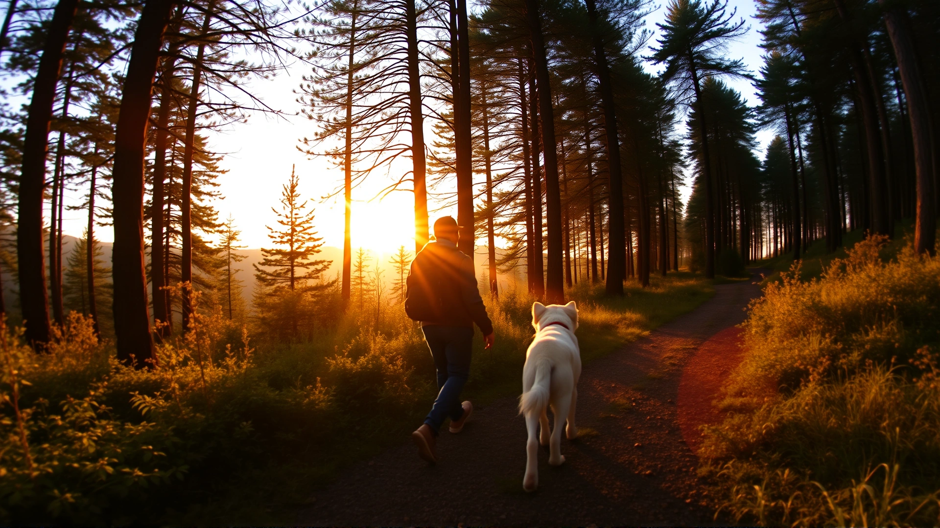 Wide angle photo of a person and their dog walking along a forest trail at sunrise, bathed in golden light that symbolizes the timeless bond between humans and dogs.