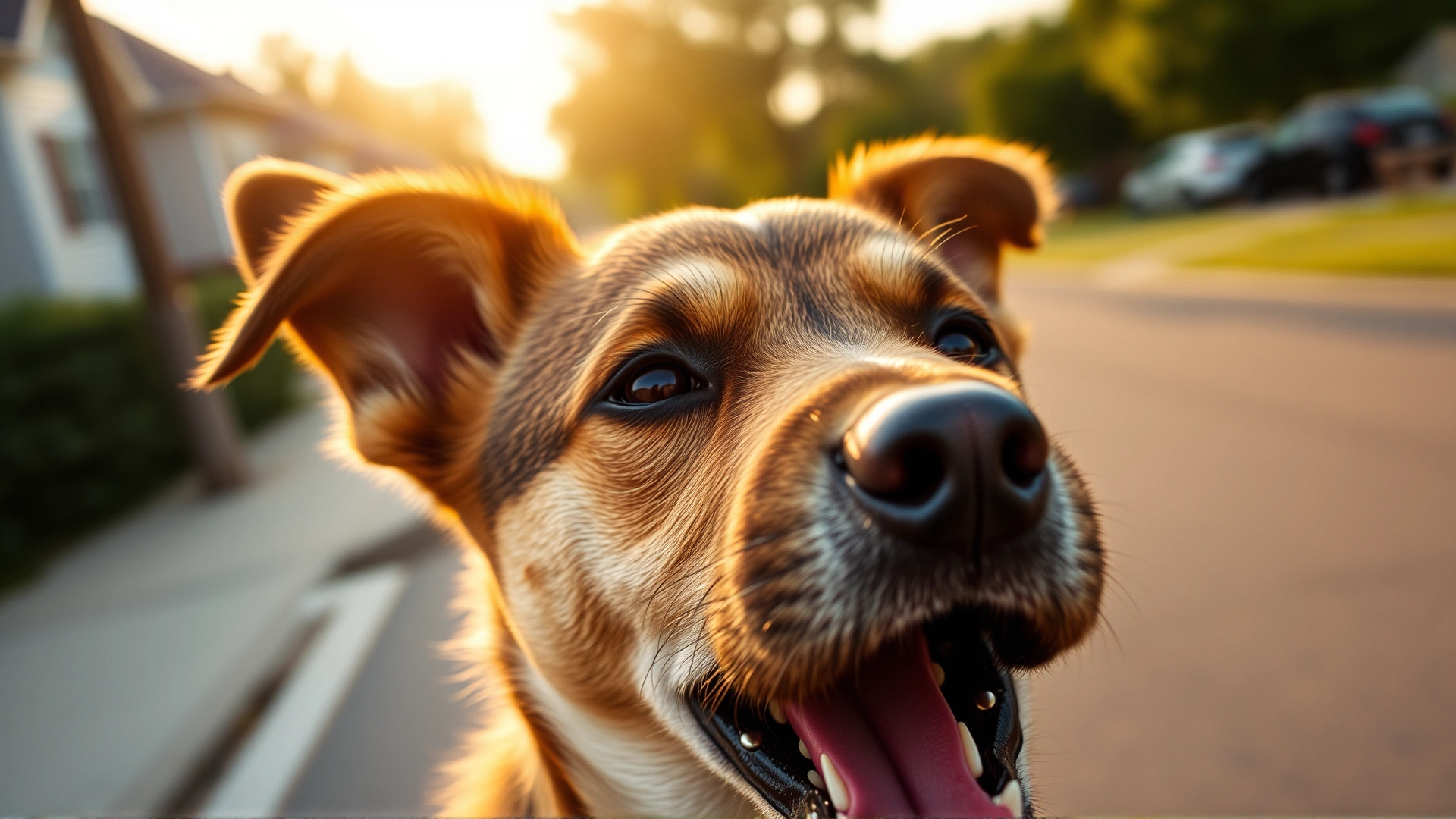 Close-up of a young mixed-breed dog with mouth slightly open as if barking, blurred suburban street background, warm afternoon sunlight.