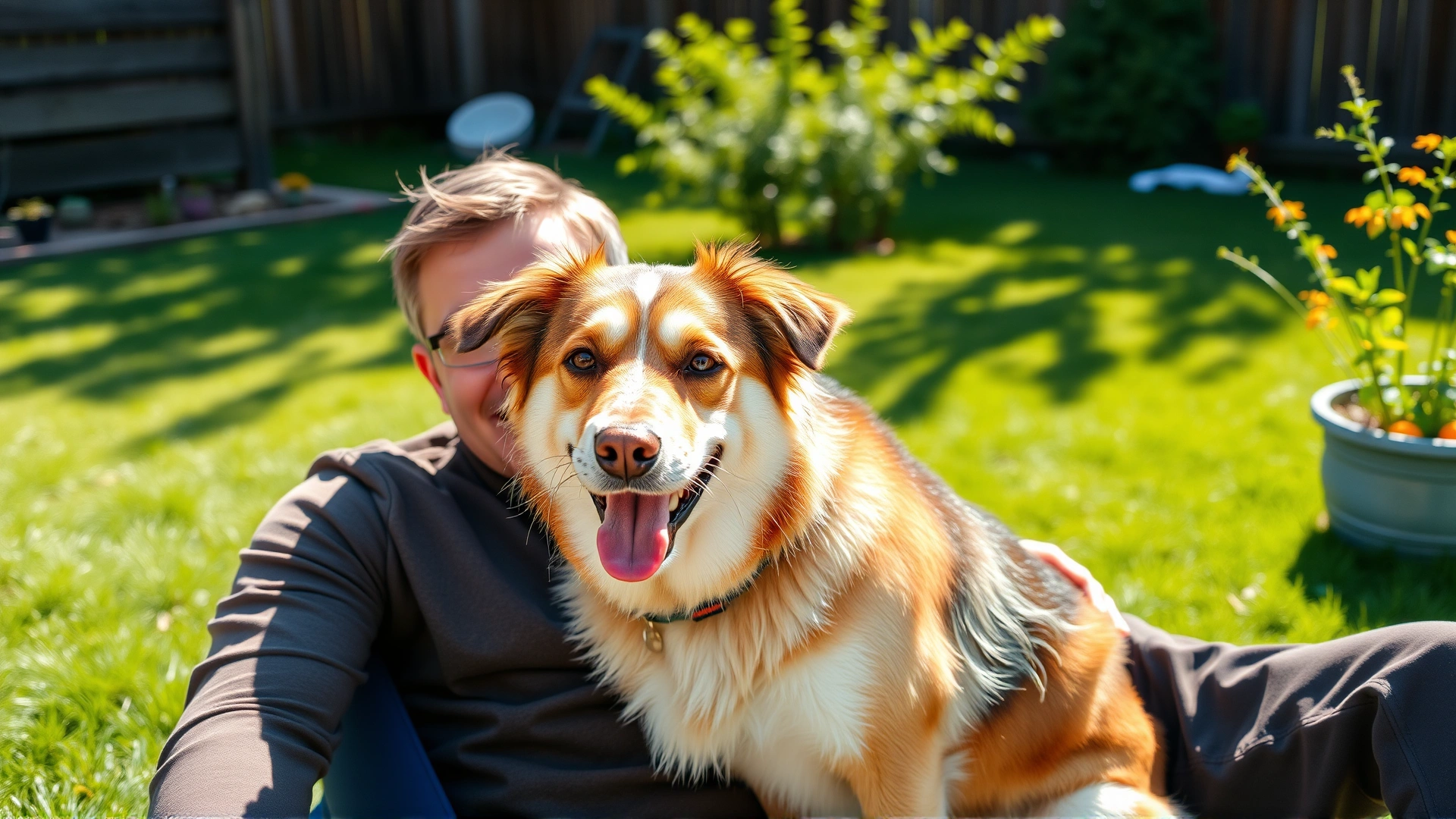 Happy mixed-breed dog sitting next to owner in sunny backyard, both smiling and relaxed