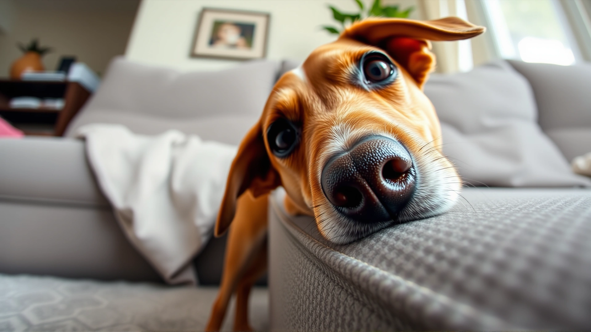 Close-up, eye-level shot of a curious dog sniffing a corner of a living room sofa, suggesting the idea of scent marking indoors. Soft natural lighting.