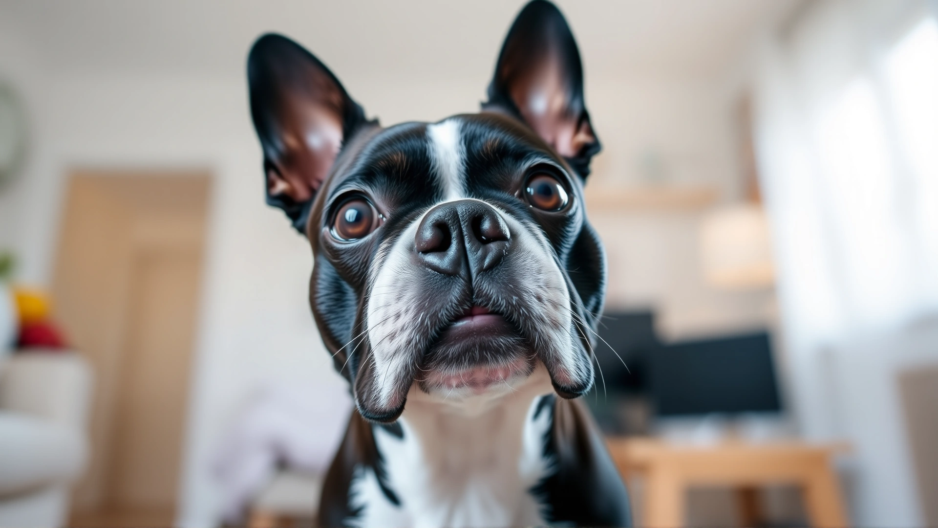 Close-up portrait of a Boston Terrier looking directly at the camera with a softly blurred home interior background, natural lighting