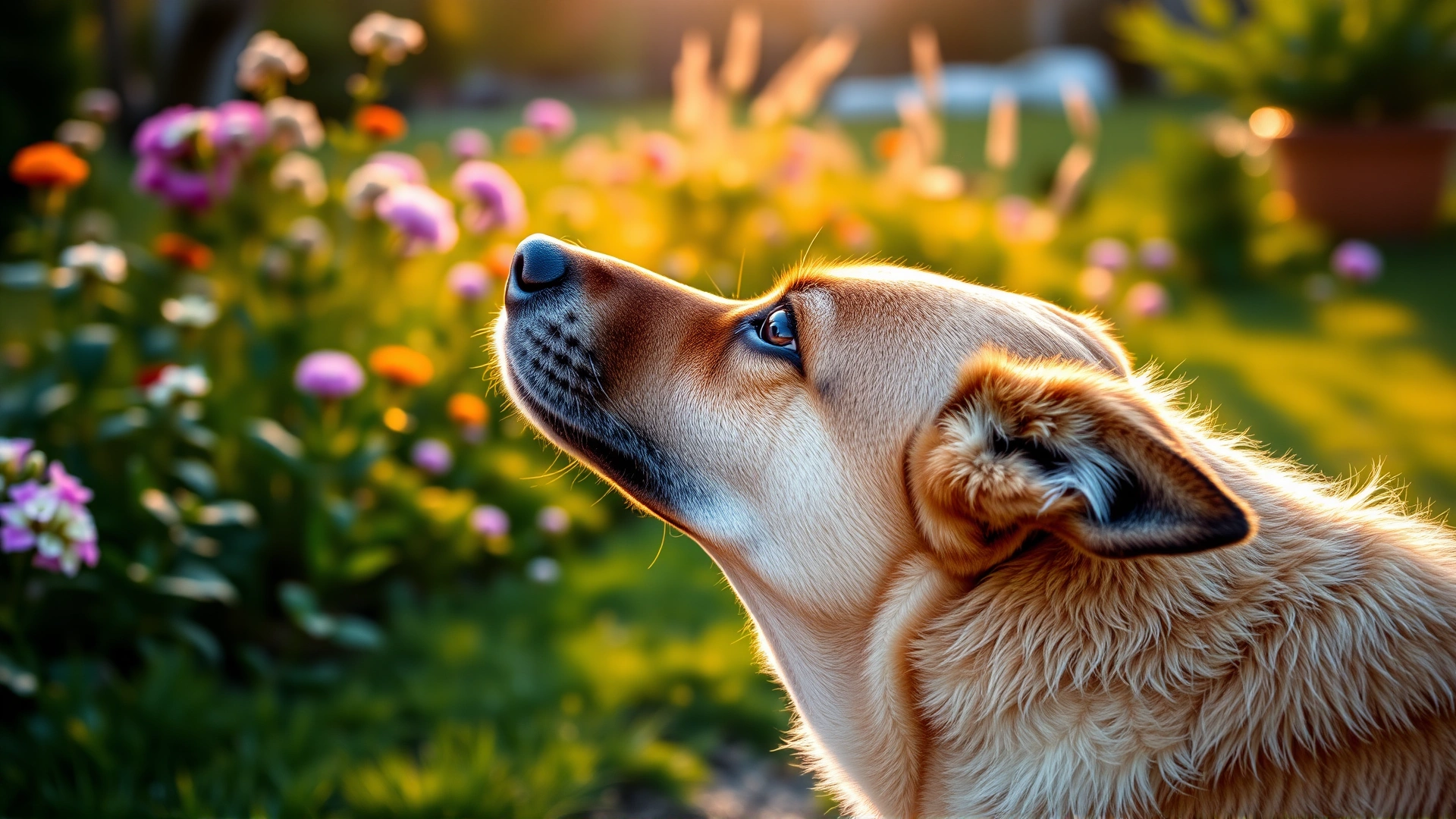 Side-view of a curious dog sniffing the air in a lush garden during early morning golden light; high-resolution photo, no text.