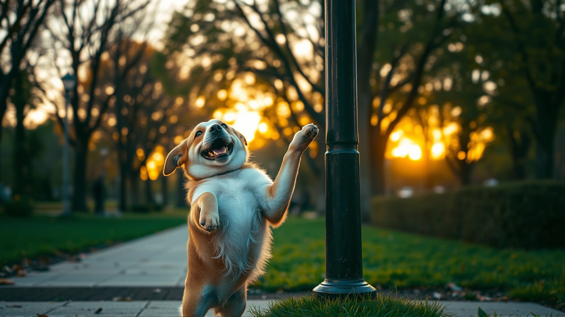 Wide-angle shot of a happy medium-sized dog lifting its leg and urinating on a park lamp post at sunrise, warm golden lighting, no people in frame.