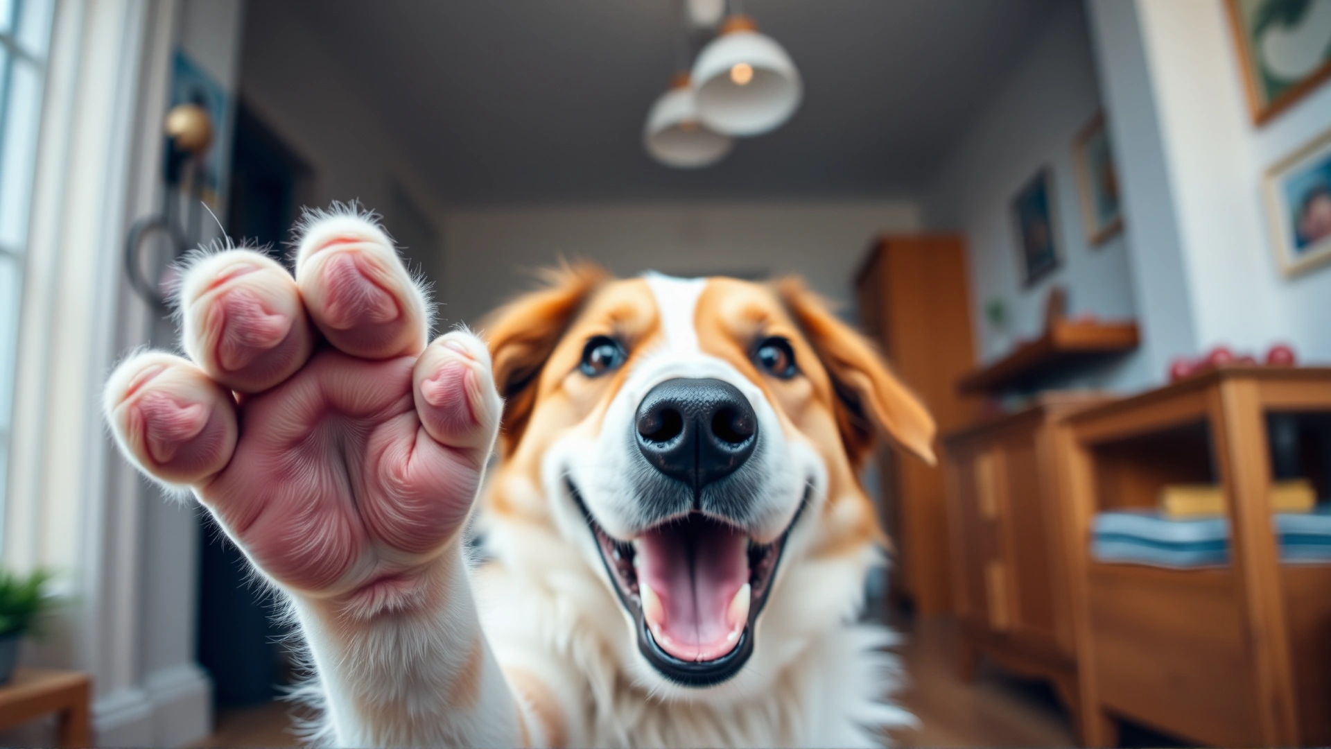 Wide-angle photo of a cheerful dog lifting its paw toward the camera with a blurred home interior in the background, conveying warmth and curiosity.
