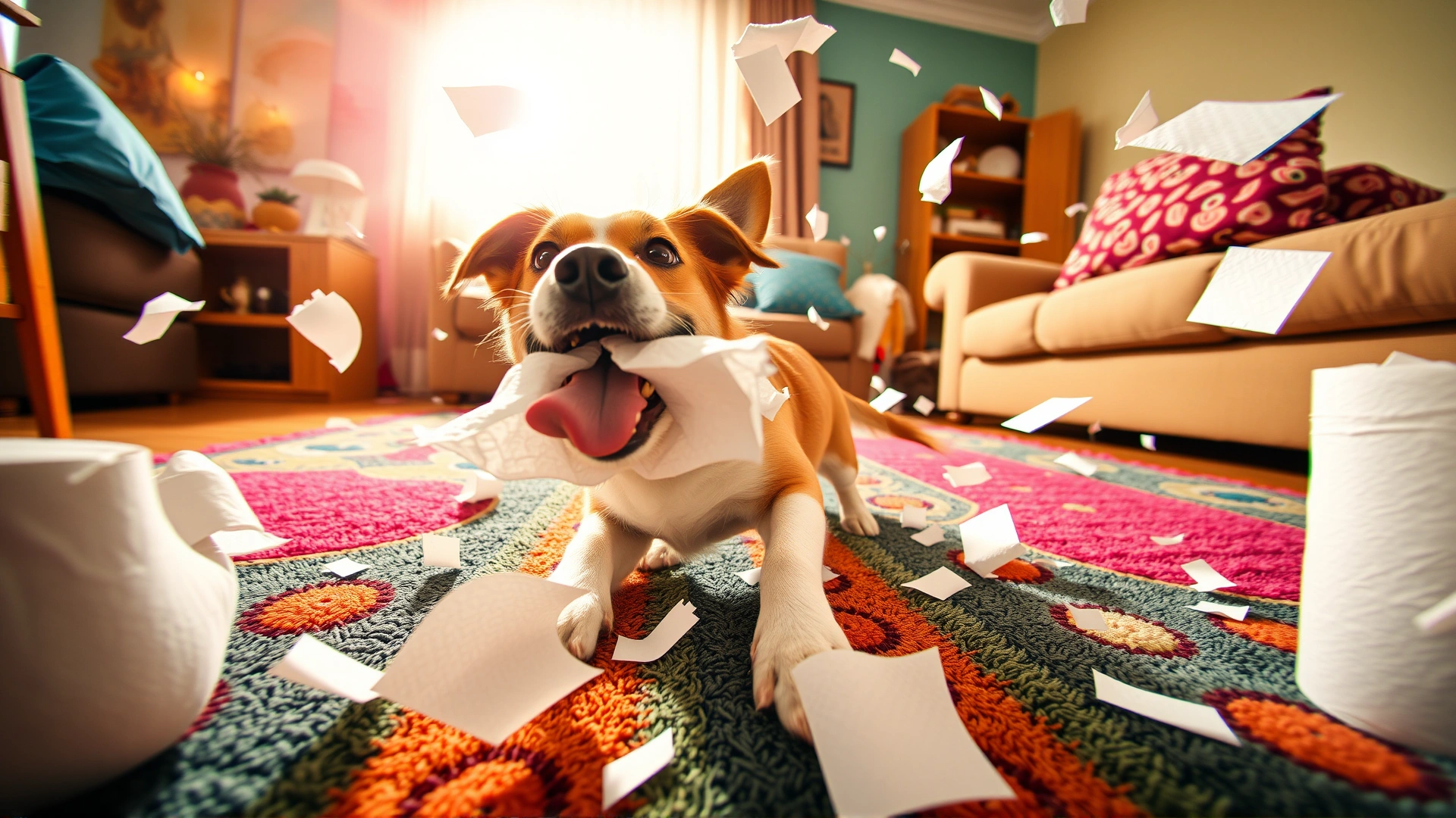 Wide-angle shot of a cheerful dog tearing up paper towels on a colorful living room rug, pieces of paper flying in the air, high energy and bright lighting.