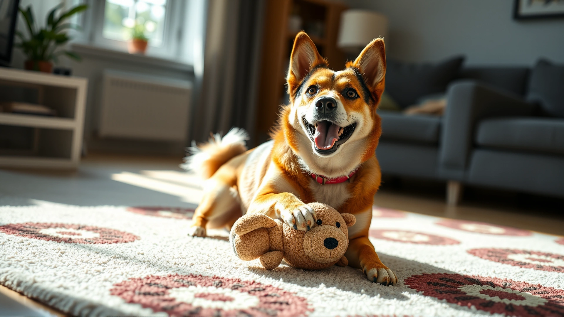 A cheerful female dog mid-mounting a plush toy on a living-room rug, sunlight coming through a window, shallow depth of field