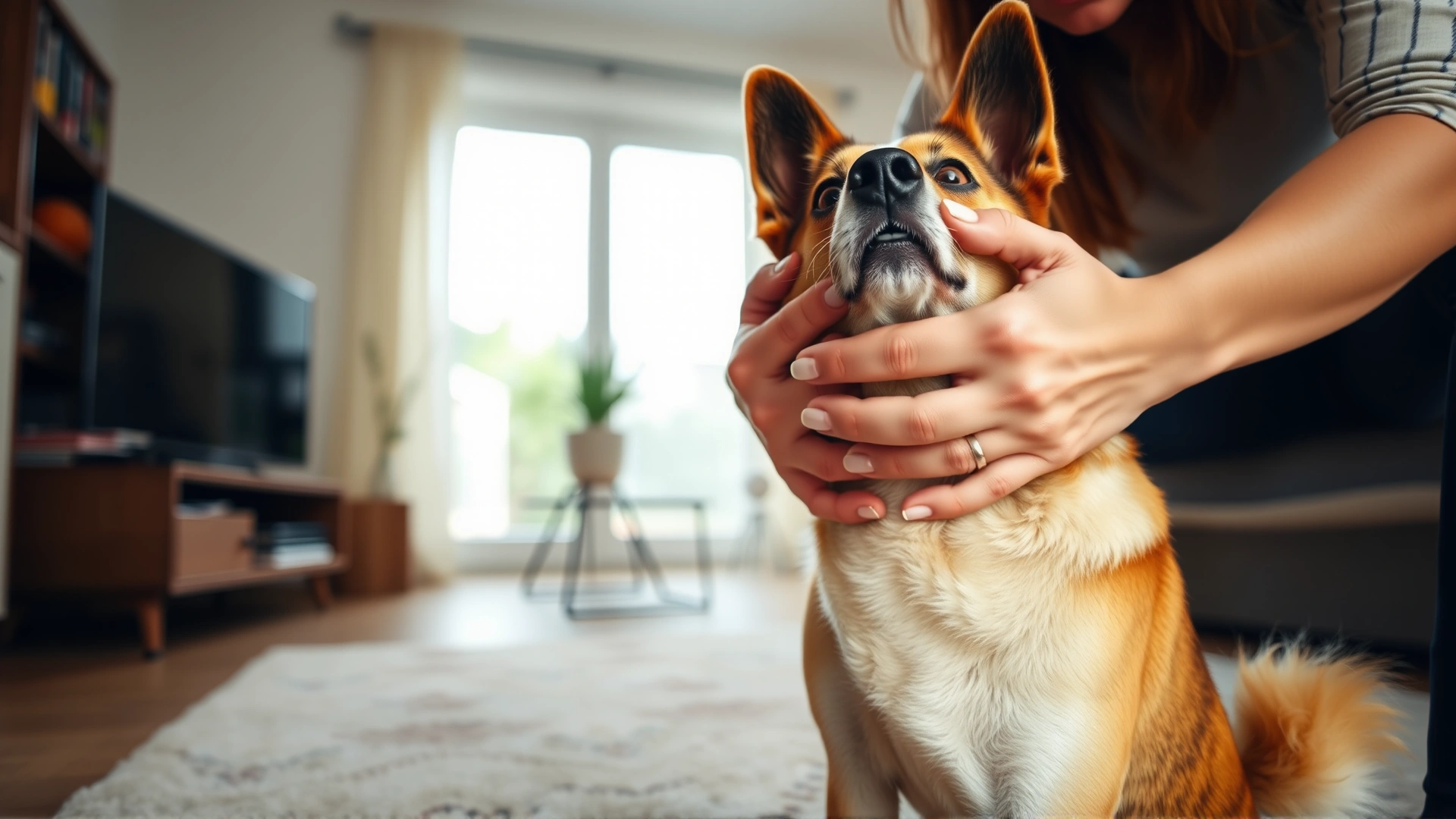 Wide-angle shot of a frightened dog with ears back and tail tucked being gently comforted by its owner in a bright living room; natural lighting and soft focus convey fear and reassurance.