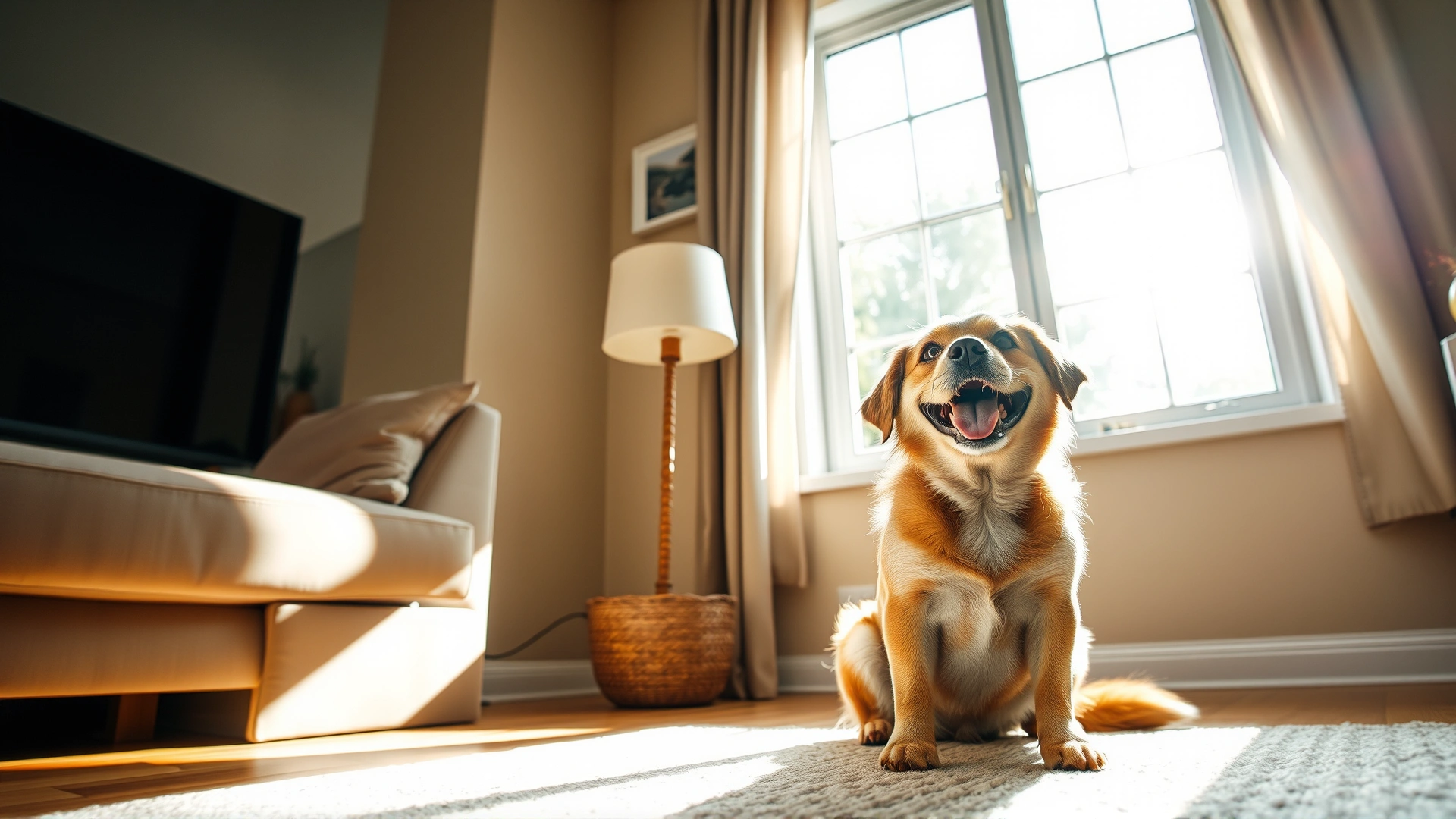 Wide-angle shot of a cheerful dog sitting by a living room window with sunlight streaming in, symbolizing a safe home-alone environment.