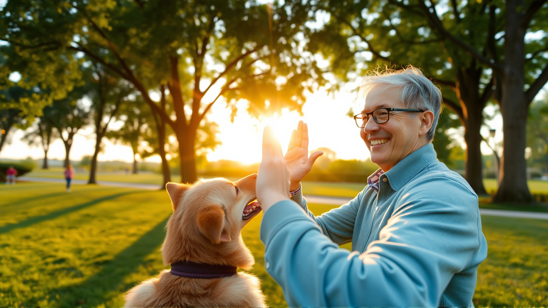 Wide-angle shot of a pet owner in a park high-fiving their dog at sunrise, symbolizing teamwork and positivity.