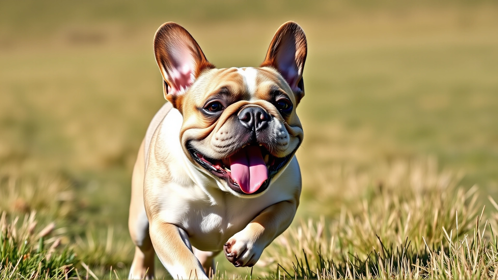 Playful French Bulldog running across a grassy field with its tongue out under bright daylight, capturing the joy of flat-faced dogs while showcasing their unique facial structure.