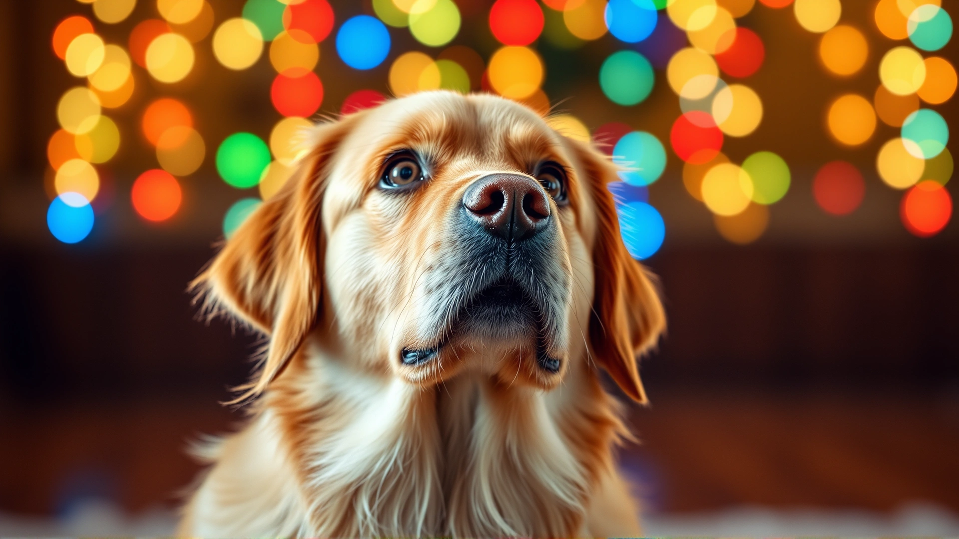Close-up of a golden retriever with colorful holiday lights softly blurred in the background, looking up with bright eyes, cozy warm color palette, high-resolution, no text
