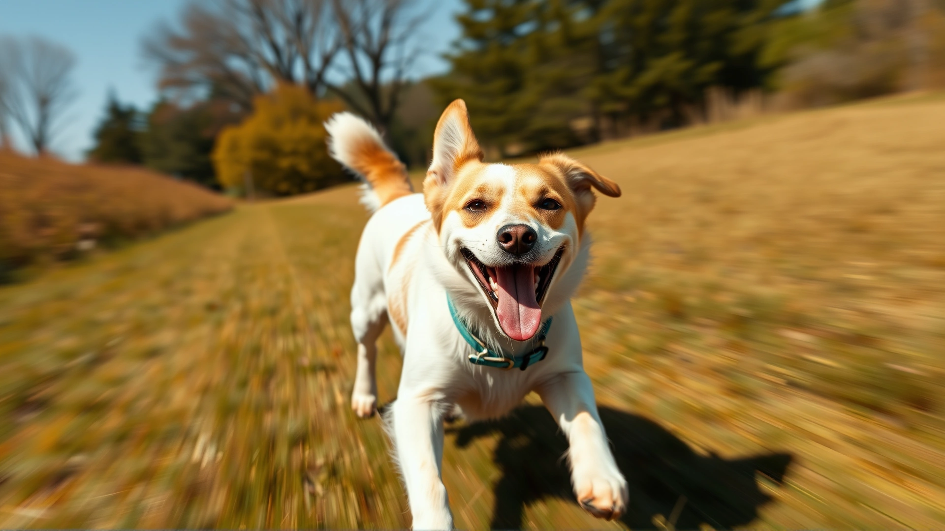 Wide shot of a happy dog running in a field with its collar loosely hanging, bright sunny day, motion blur for dynamism