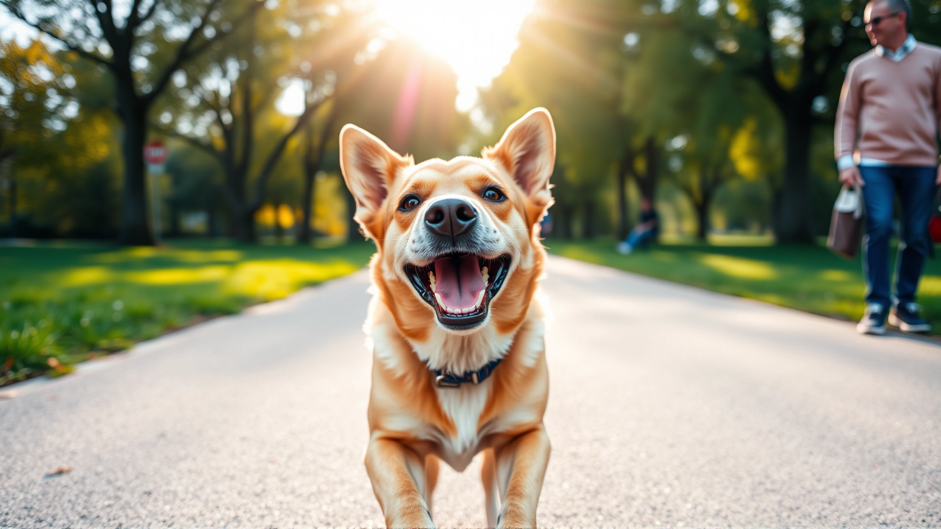 Wide-angle photo of a happy dog running toward its owner in a sunlit park, conveying trust and joy.