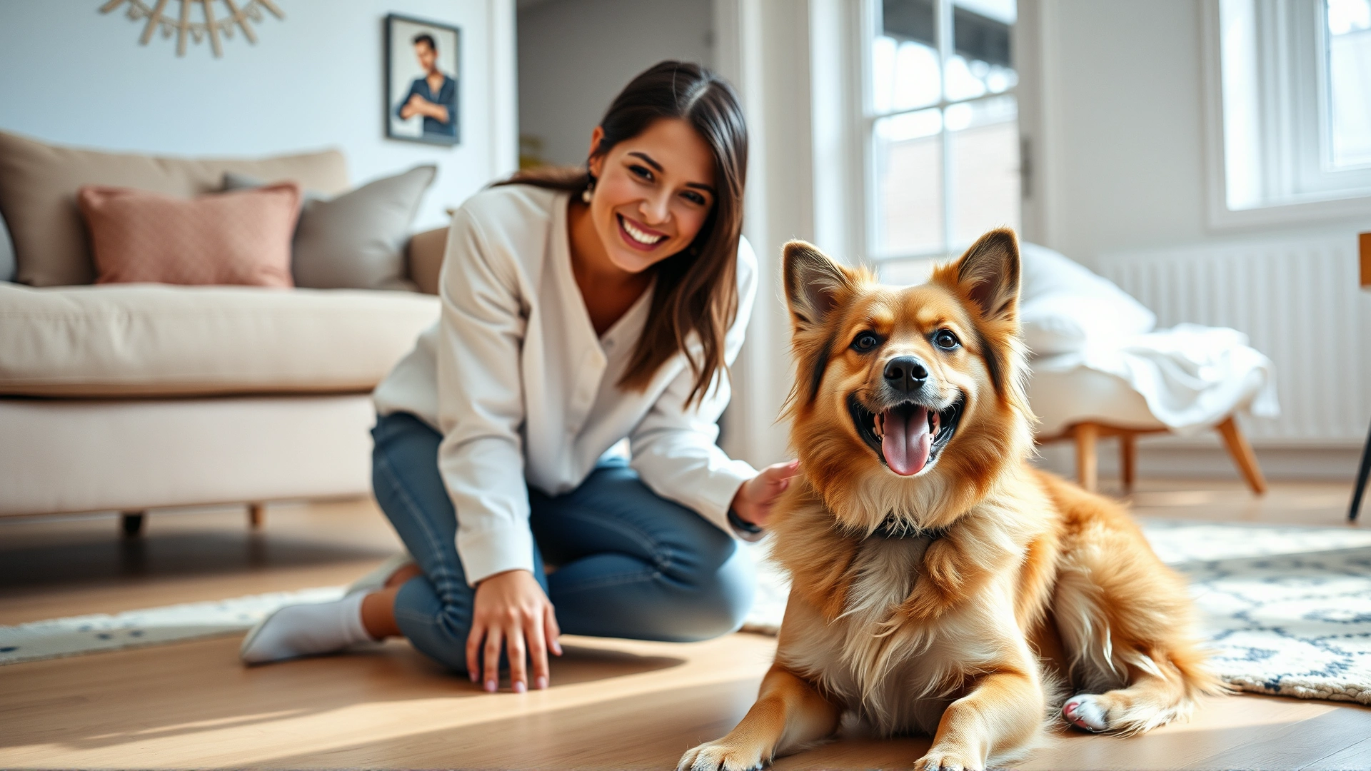 Smiling adult woman kneeling on a living room floor while welcoming a cheerful foster dog; natural daylight; cozy home setting.