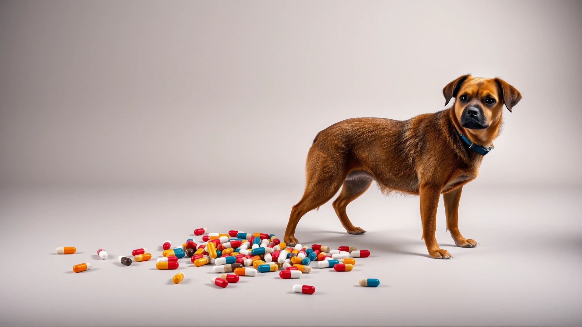 A medium-sized dog standing next to scattered multicolored pills on a neutral studio background, high resolution, cinematic lighting.