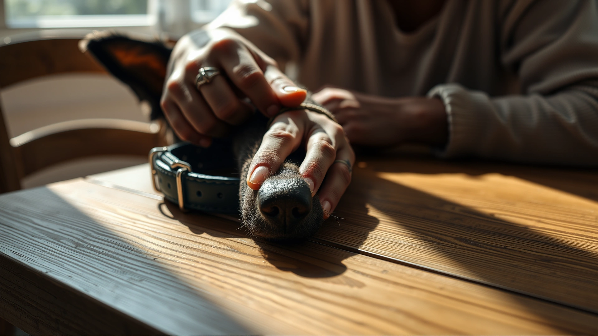 Close-up of a person gently stroking their late pet's collar placed on a wooden table with soft natural light