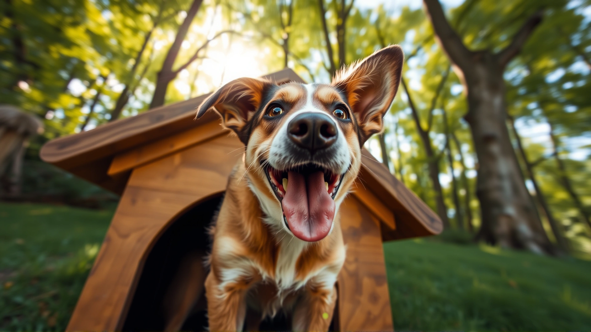 Wide-angle shot of a happy dog poking its head out of a wooden dog house with sunlight streaming through trees in the background.
