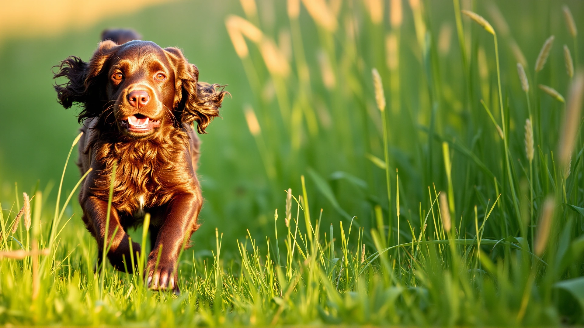 Energetic Boykin Spaniel running through tall grass with morning light illuminating its chocolate coat