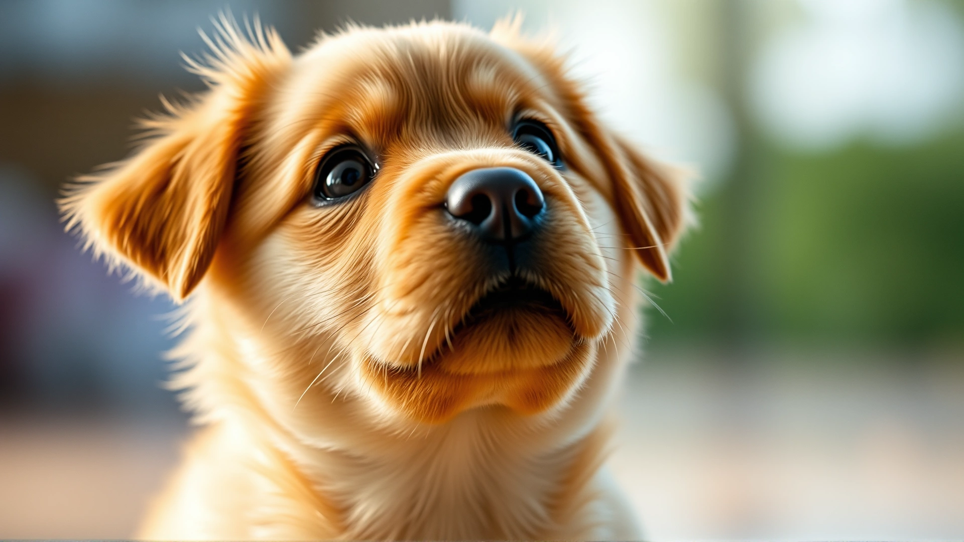Close-up of an adorable golden retriever puppy looking up with soft natural light, blurred background, high-resolution portrait