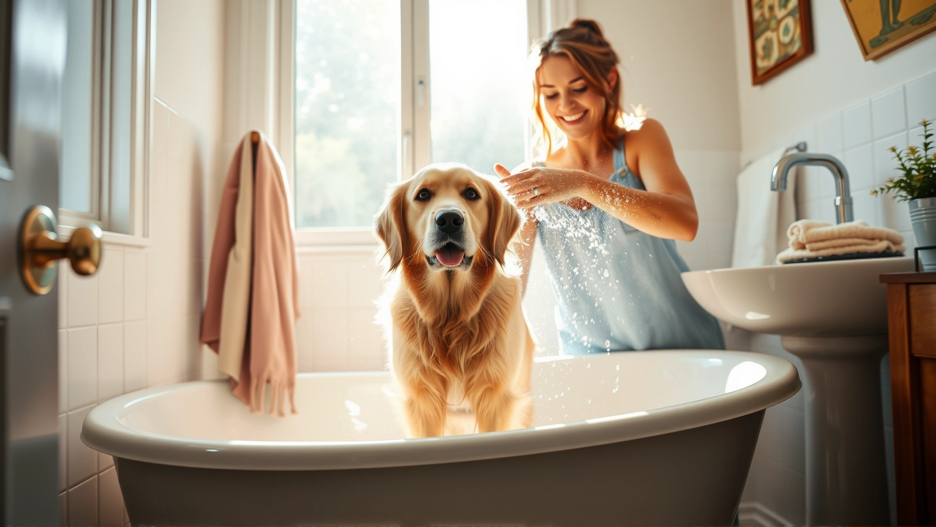 A bright, cozy home bathroom scene where a golden retriever stands in a bathtub being gently shampooed by its smiling owner. Sunlight streams through a window, water droplets in motion.