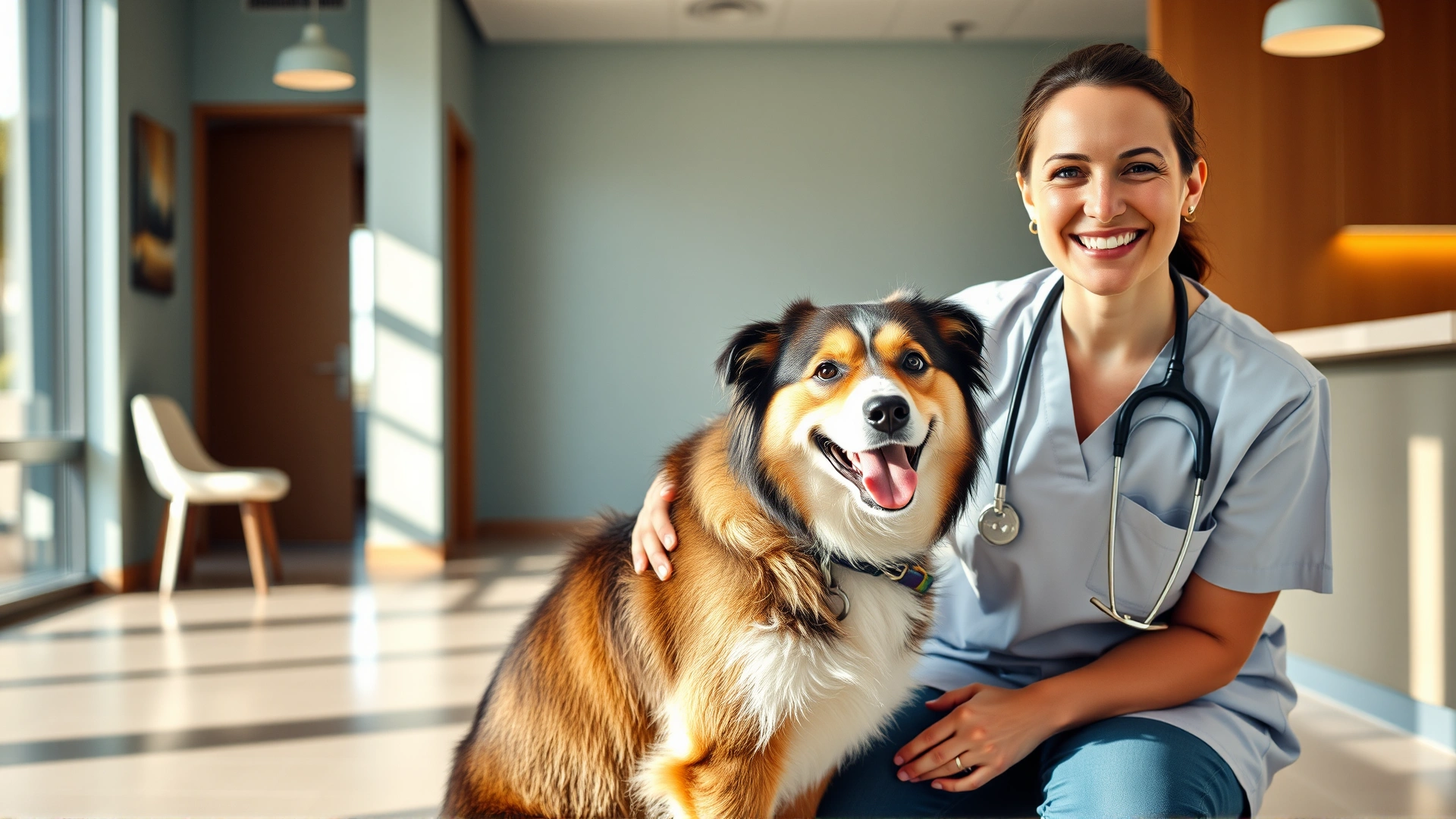 A smiling veterinarian kneeling beside a happy mixed-breed dog in a modern clinic reception area, warm natural light.