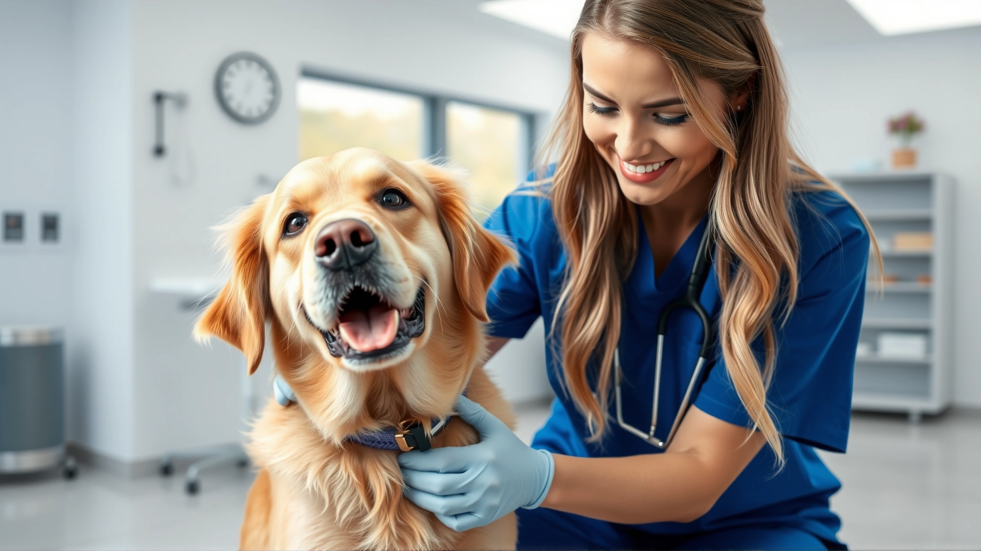 A friendly female veterinarian in blue scrubs gently examining a golden retriever in a bright modern veterinary clinic