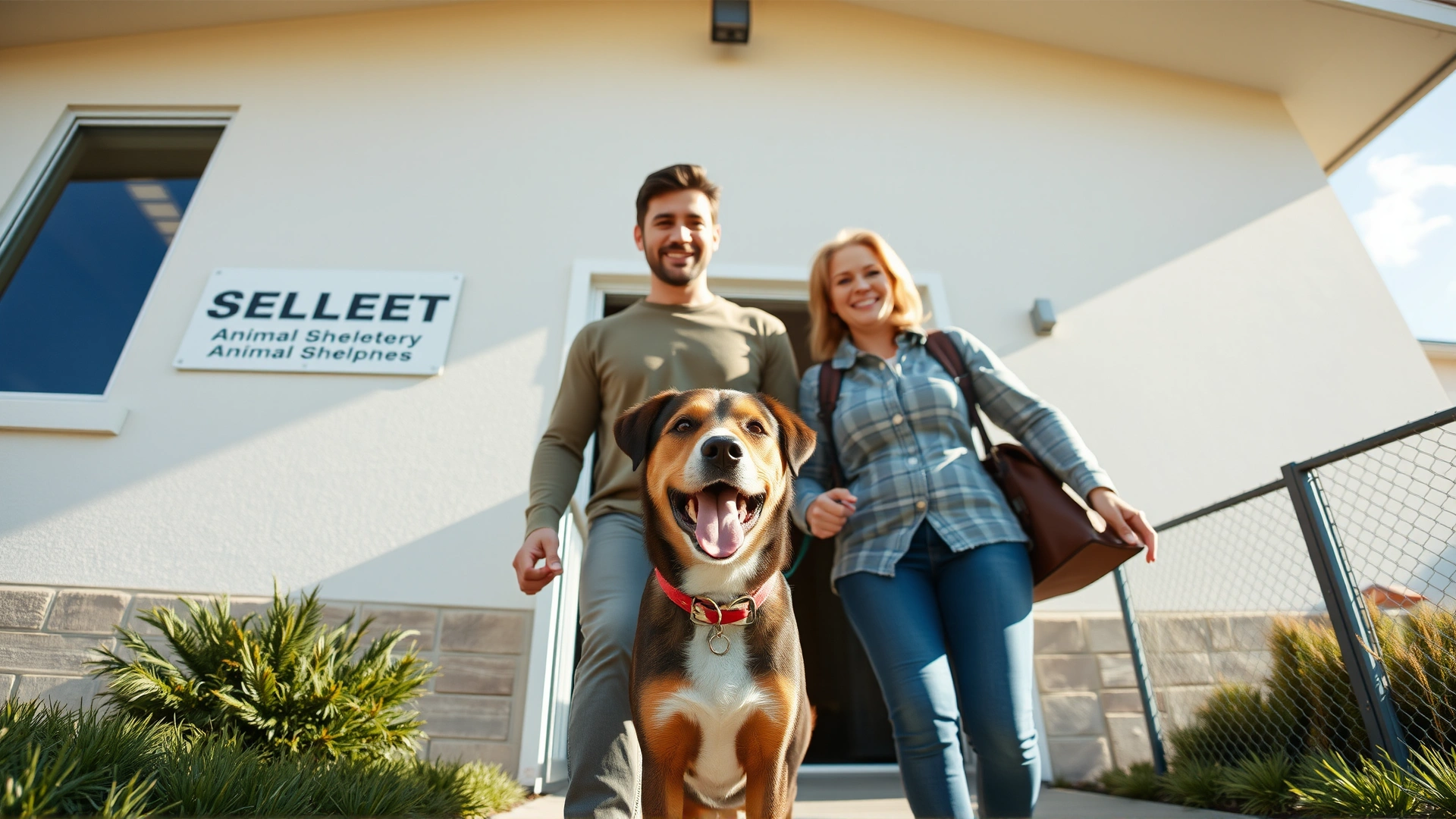 Wide-angle shot of a happy family with a newly adopted mixed-breed dog leaving an animal shelter on a sunny day