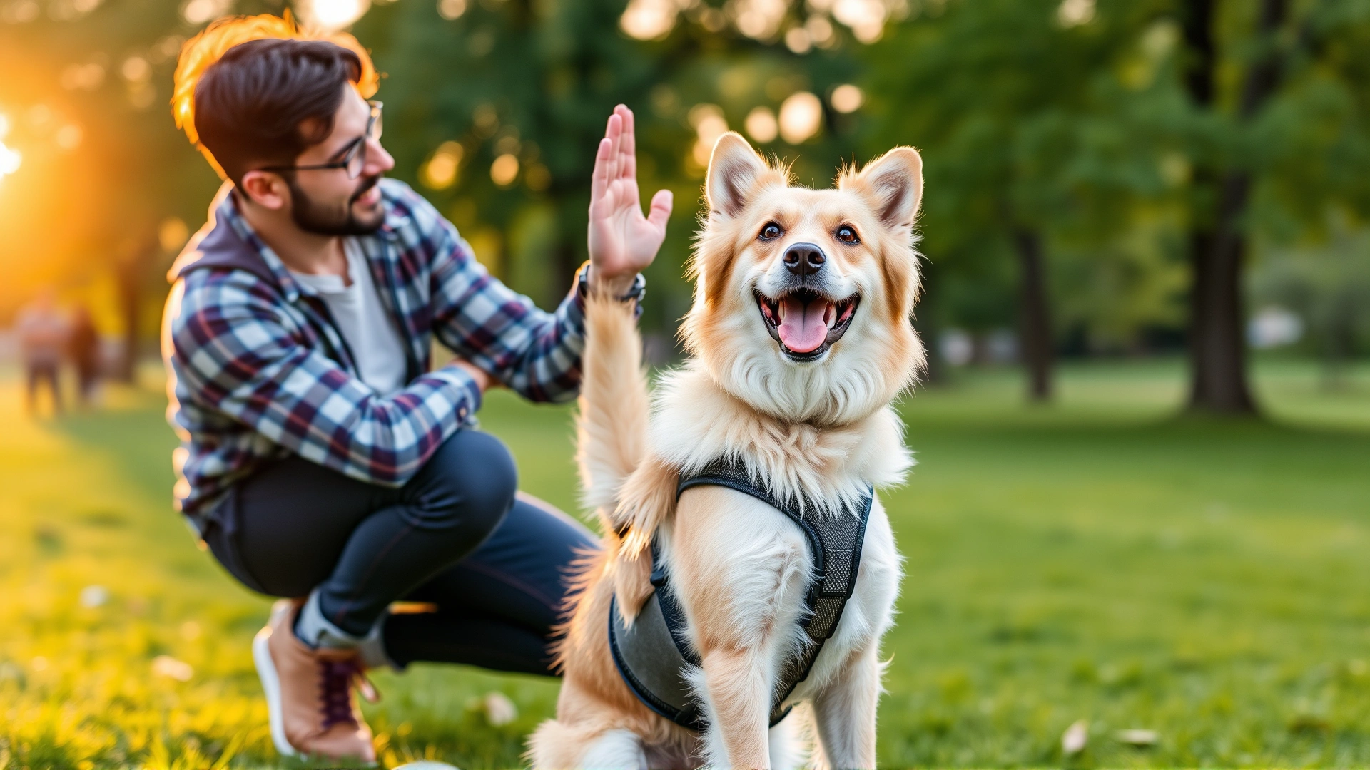 Owner kneeling and giving a high five to a happy dog wearing a harness in a green park at golden hour