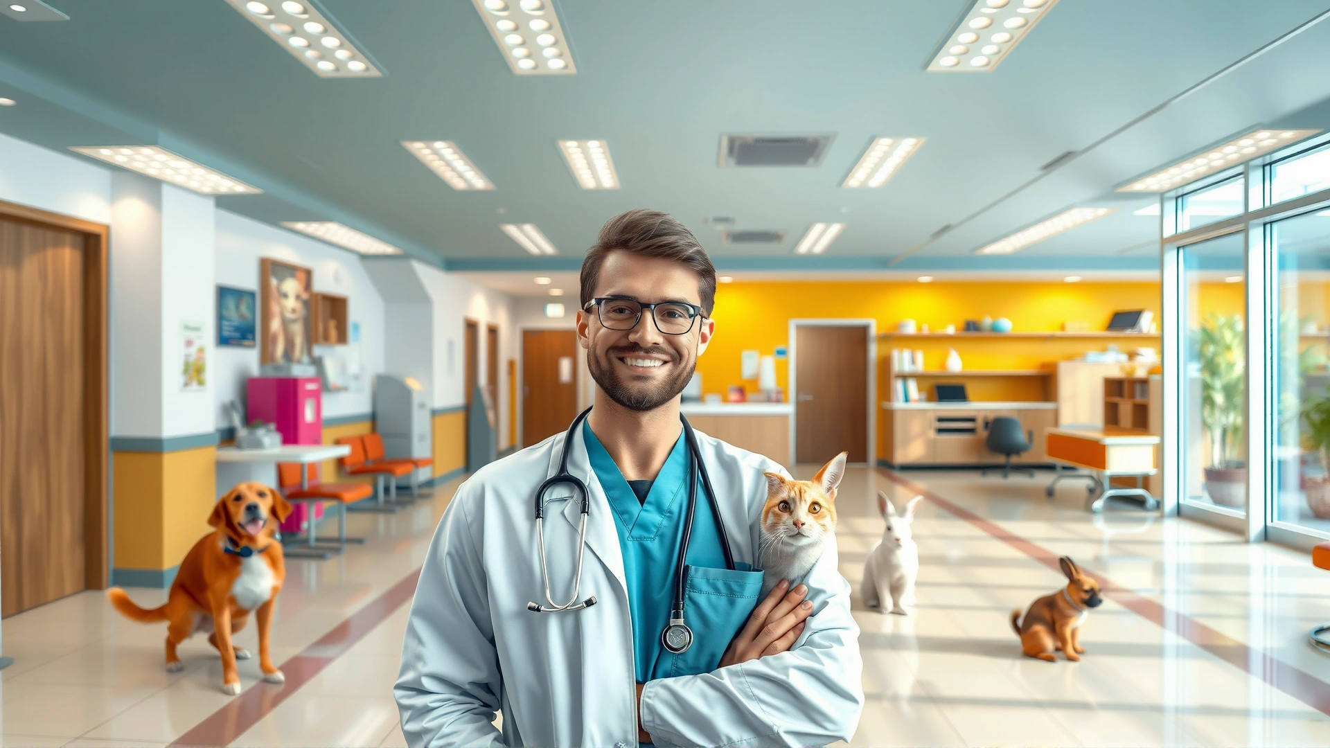 Wide-angle hero shot of a friendly veterinarian standing in a modern animal hospital lobby surrounded by a dog, cat, and rabbit, bright and welcoming atmosphere.