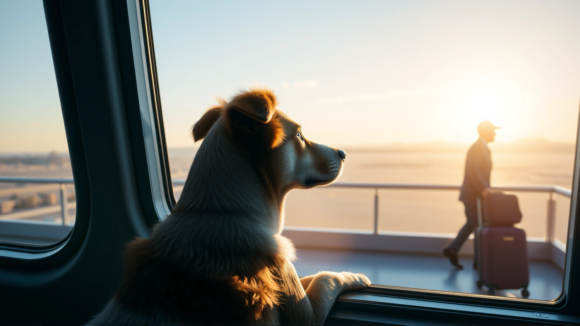 Dog looking calmly out a window as its owner walks away with luggage, soft morning light emphasizing the peaceful mood.
